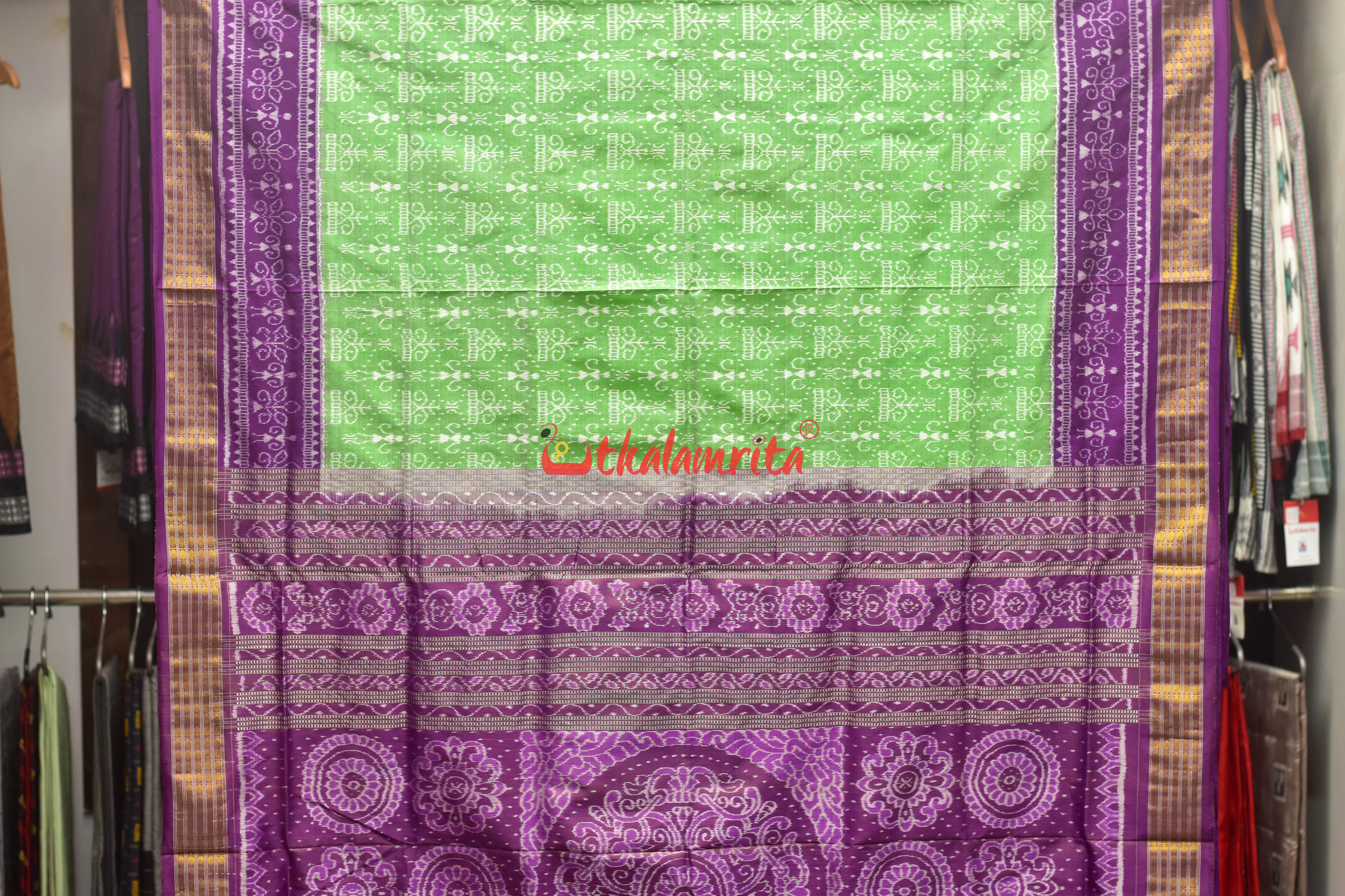 Light Green Purple Half Tissue Sambalpuri Silk Saree