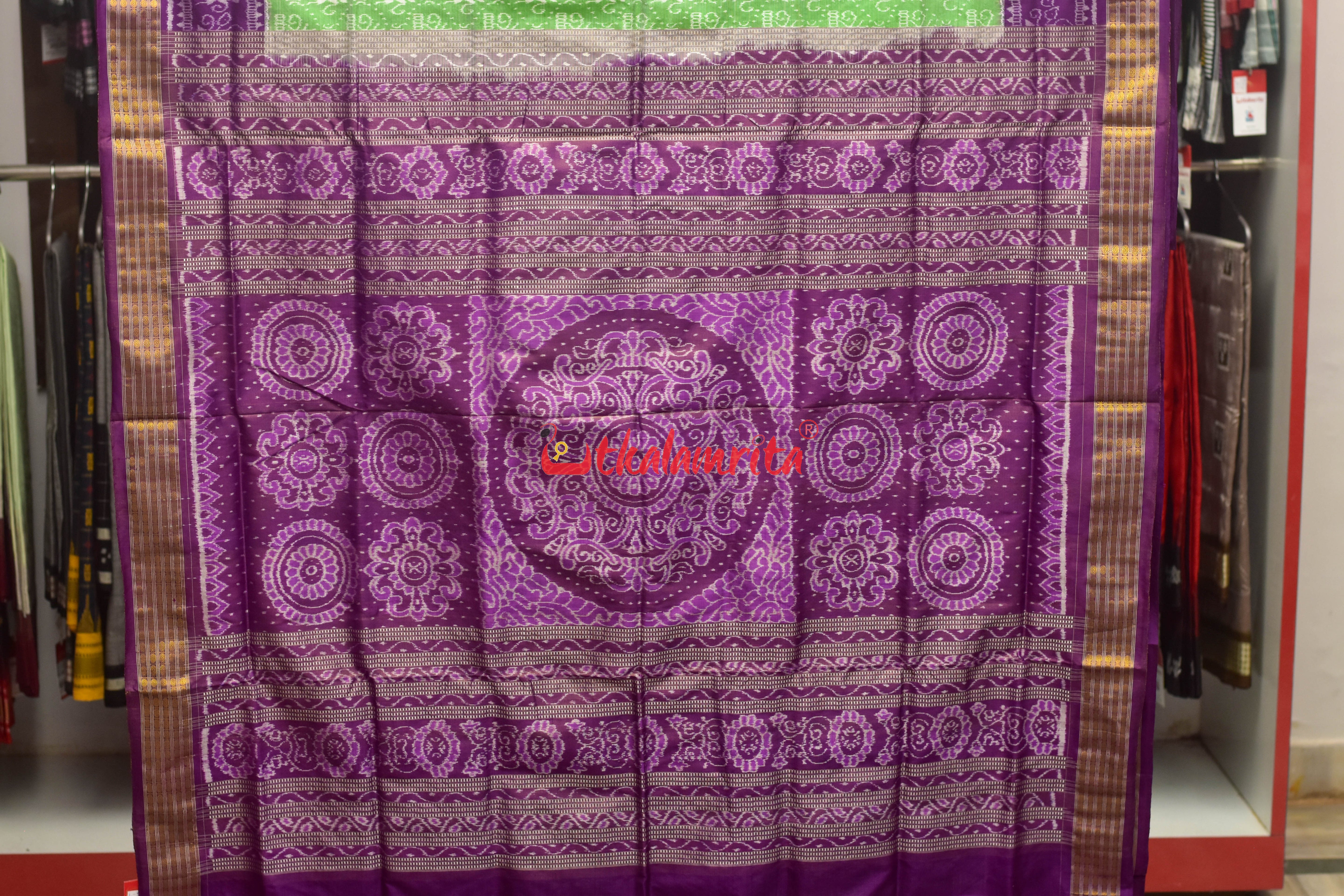 Light Green Purple Half Tissue Sambalpuri Silk Saree