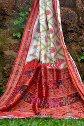 Red Lotus In White Khandua Silk Saree