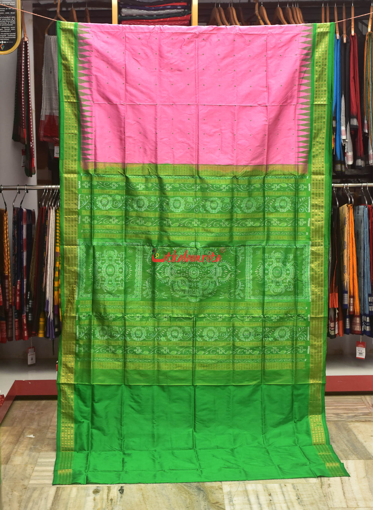 Pink Green Half Tissue Sambalpuri Silk Saree