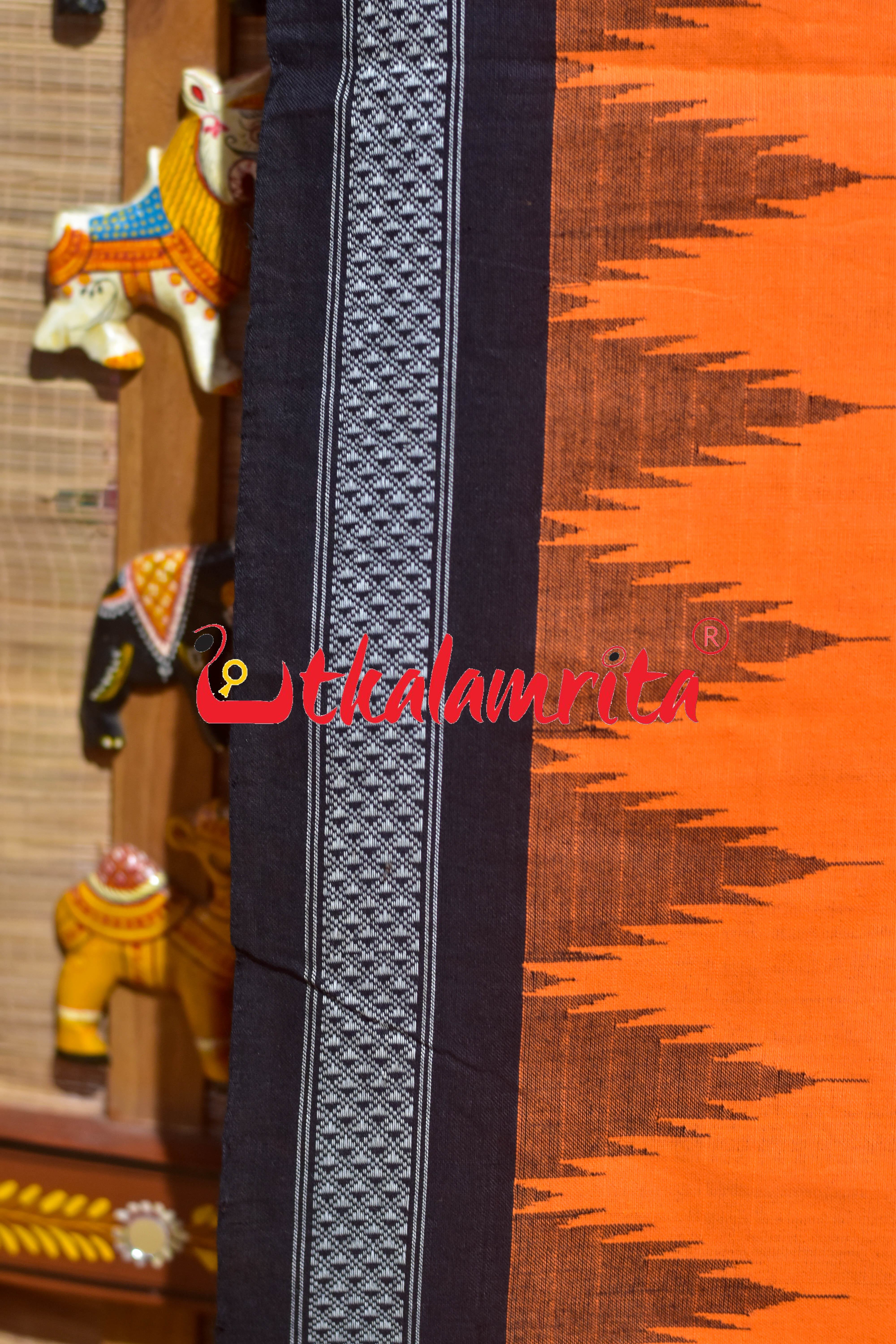 Orange Black Original Ganjam Bomkai Cotton Saree