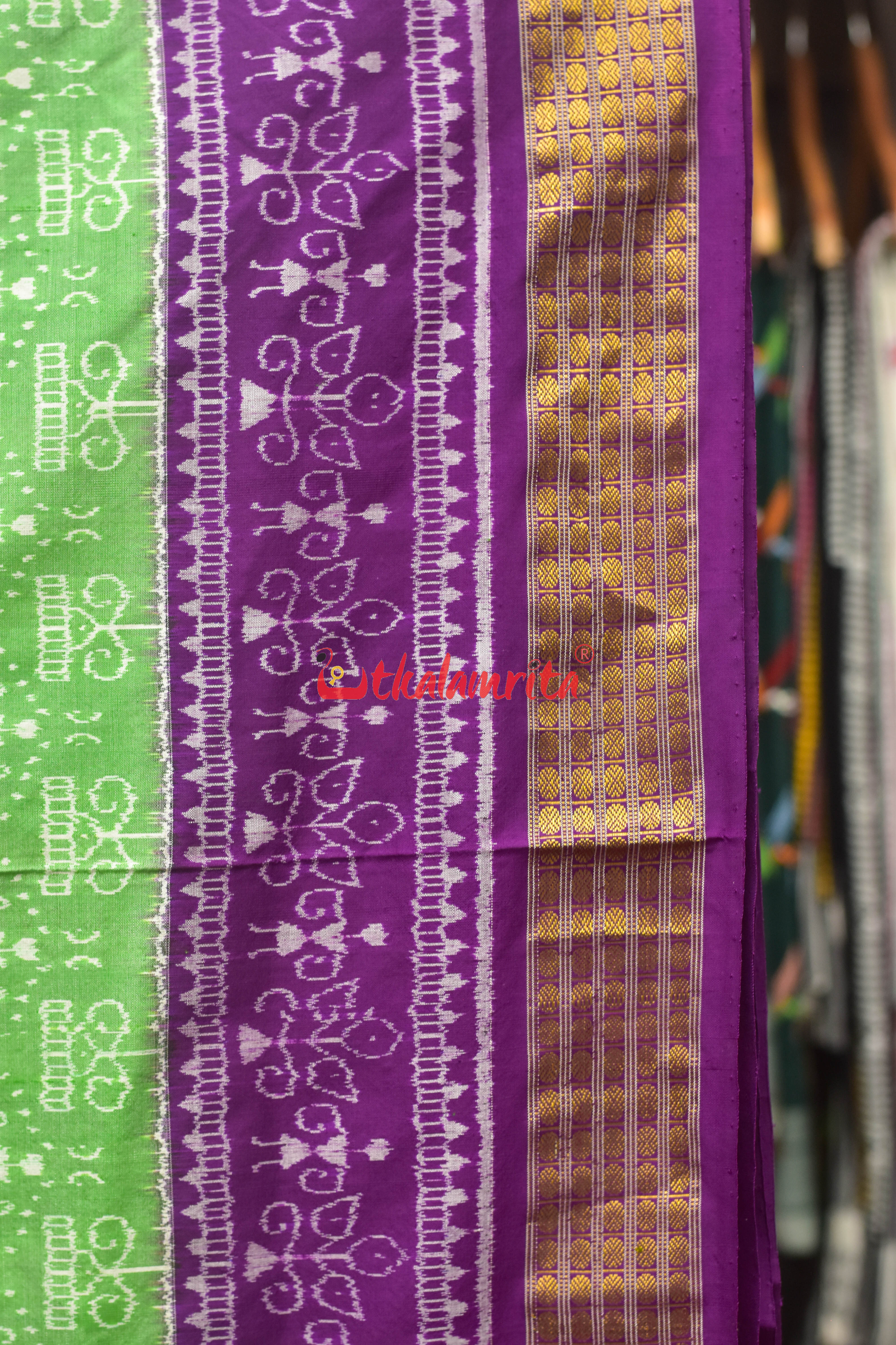 Light Green Purple Half Tissue Sambalpuri Silk Saree