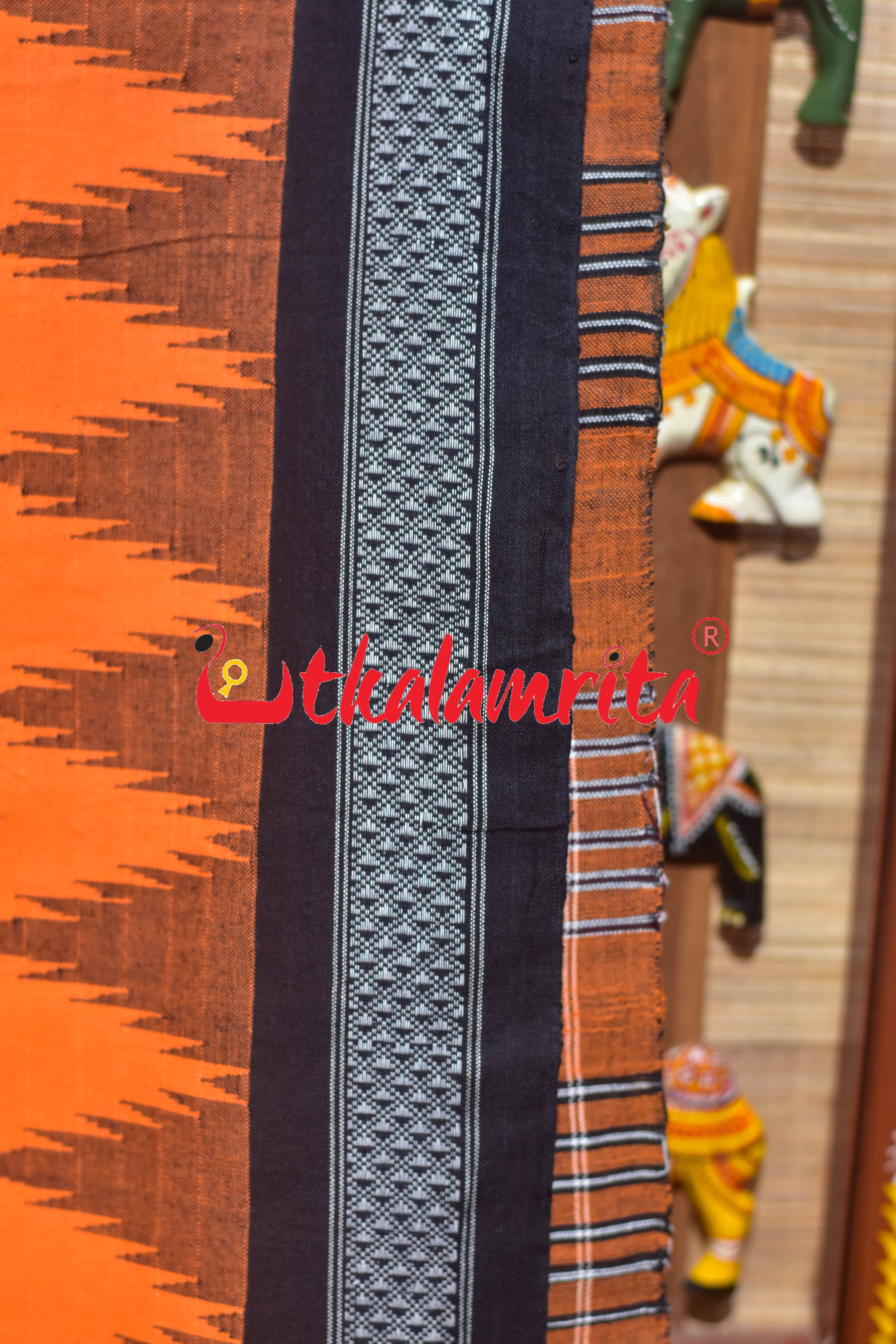 Orange Black Original Ganjam Bomkai Cotton Saree