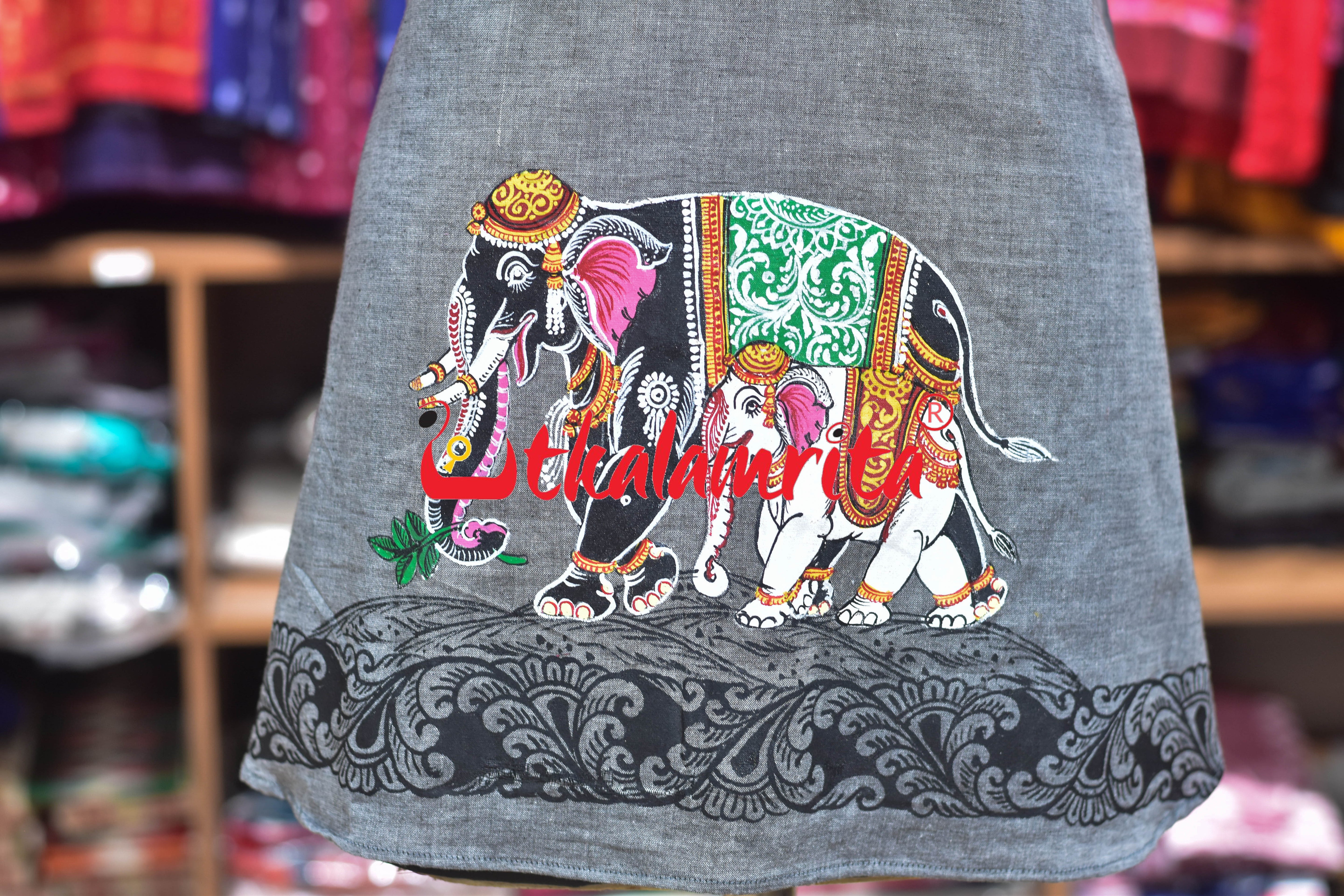 Grey Dual Elephants Pattachitra (Ladies' Kurti)