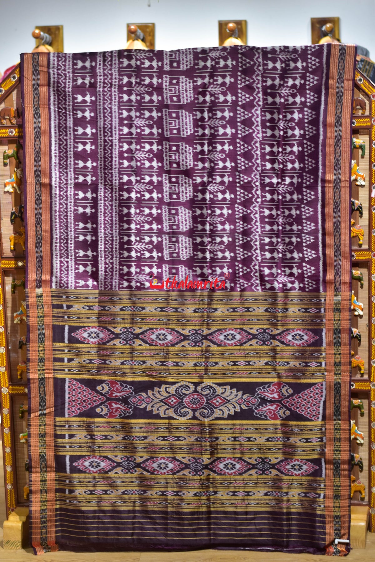Burgundy Body Chiita Tribals Khandua Silk Saree