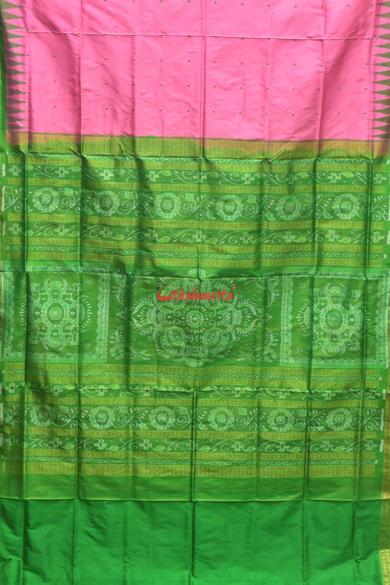 Pink with Green Buti Half Tissue Bomkai Silk Saree