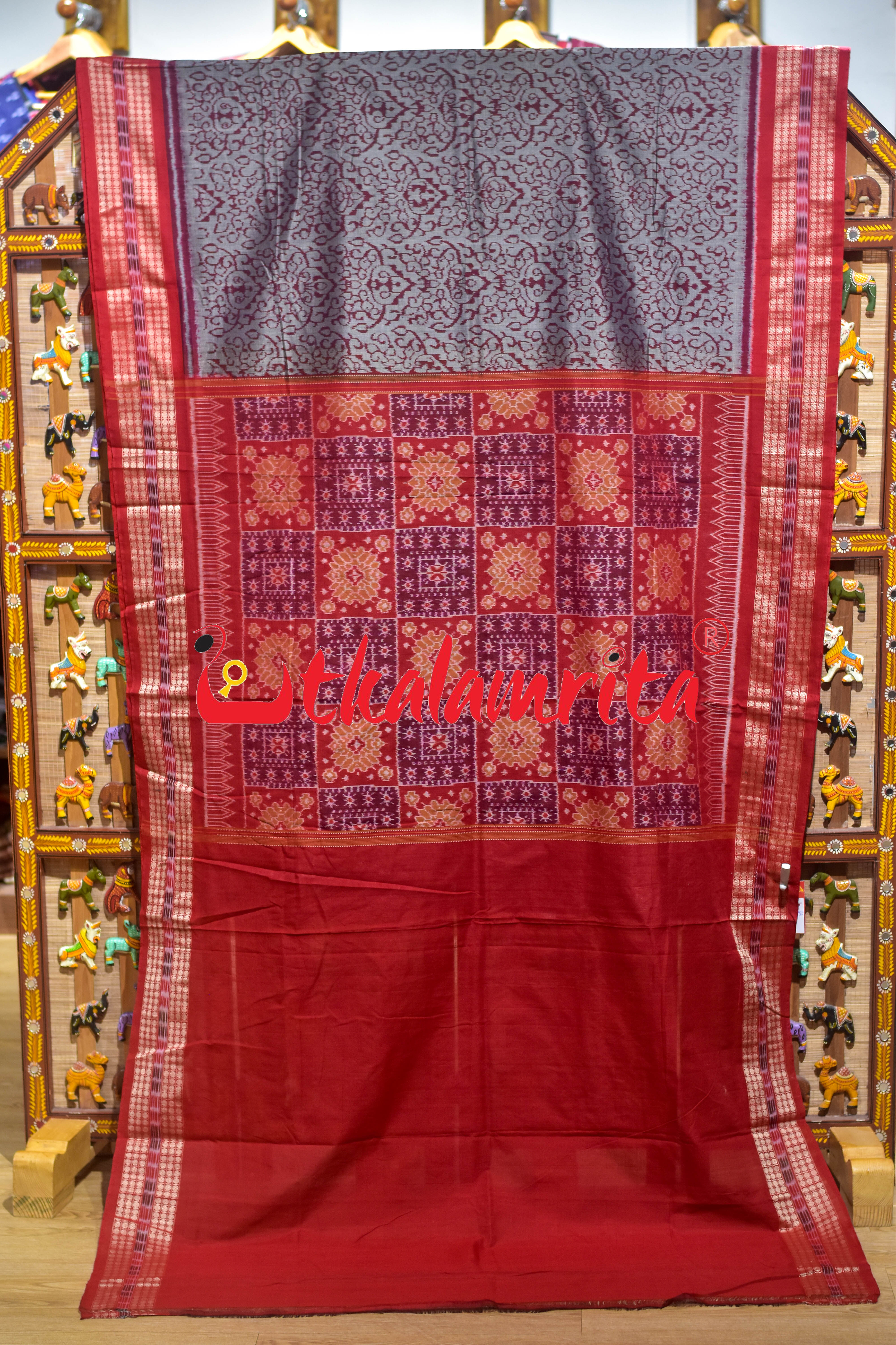Grey Red Tribal Sambalpuri Cotton Saree