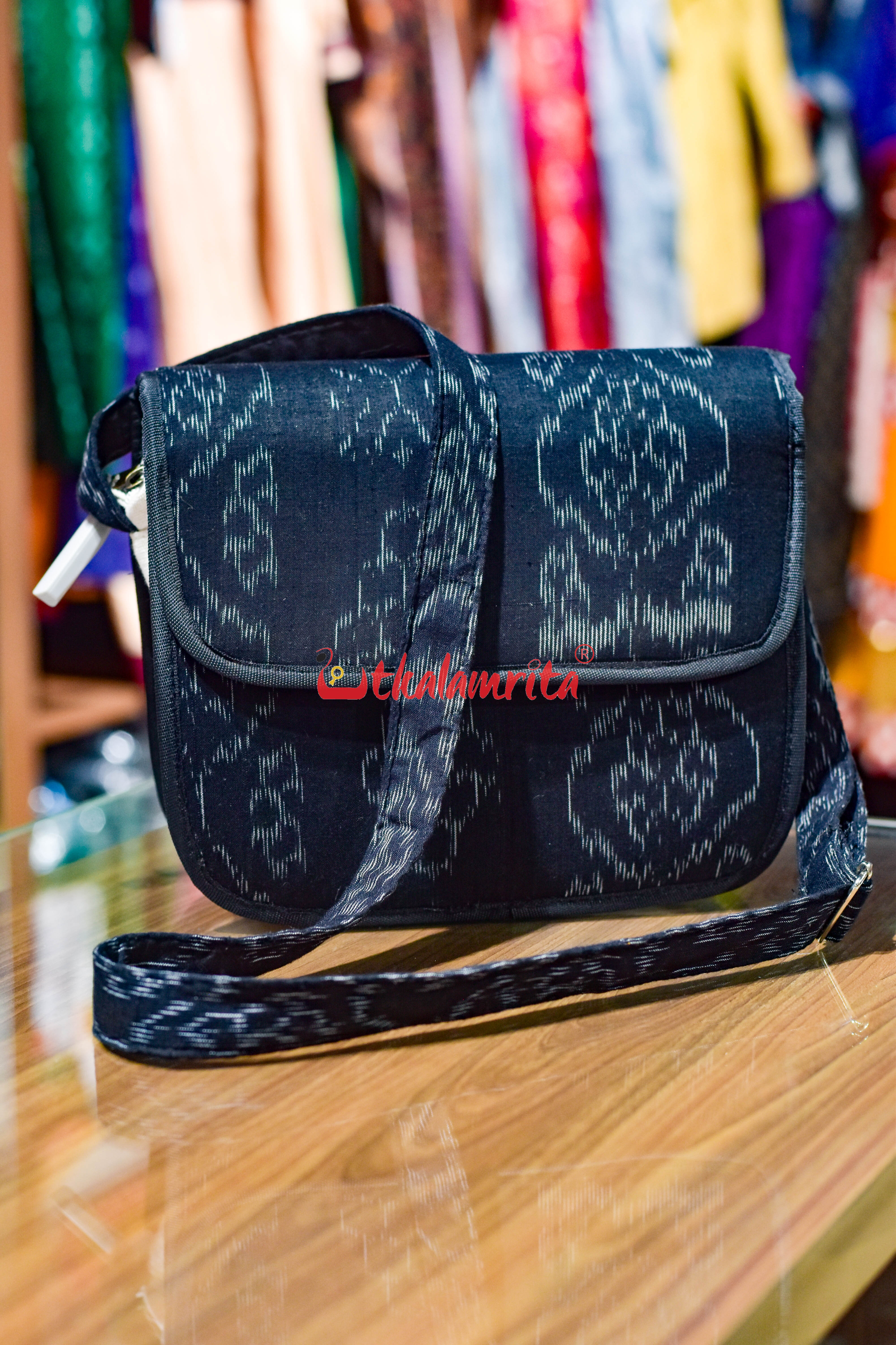 Black Flower Bandha Button Sling Bag