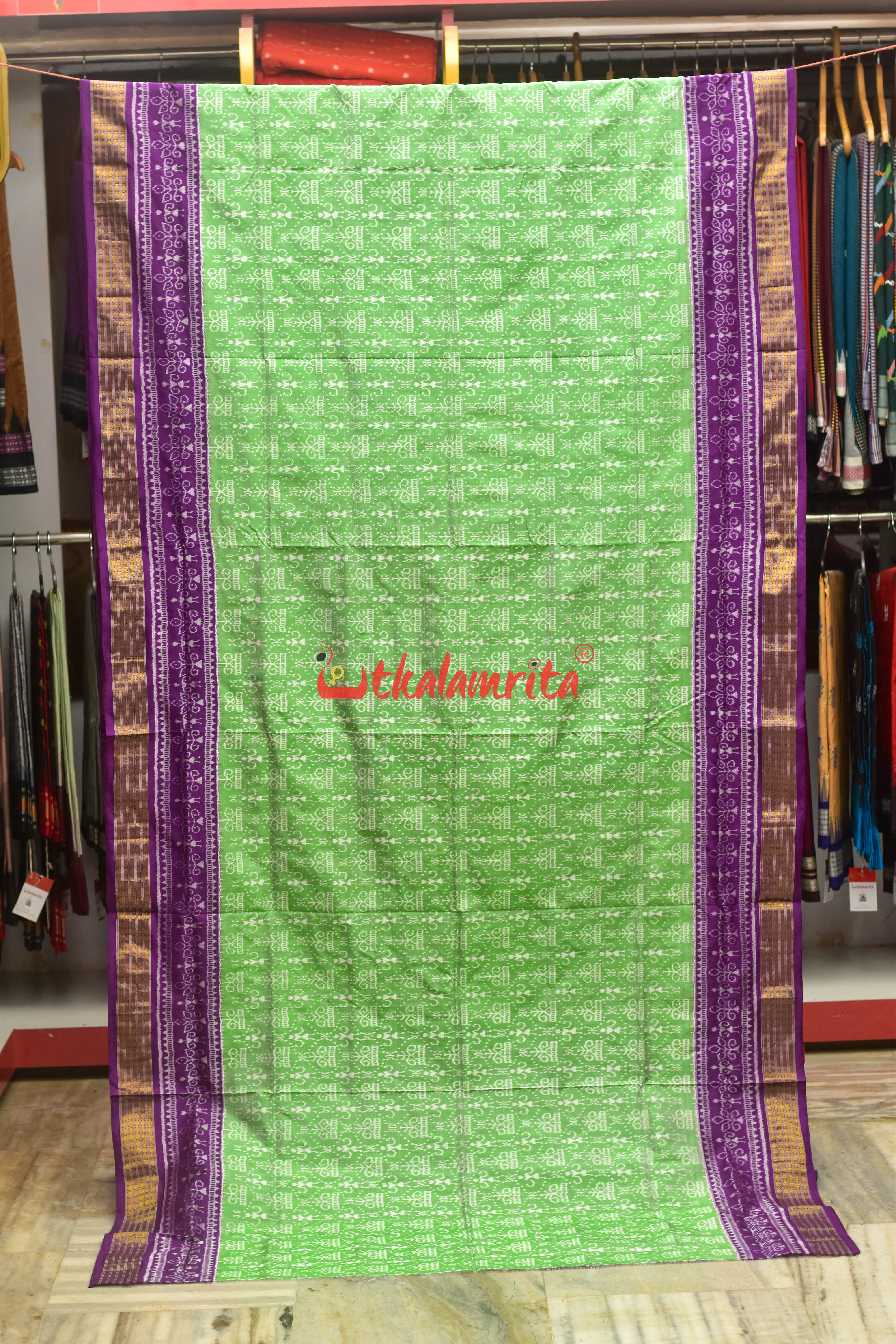 Light Green Purple Half Tissue Sambalpuri Silk Saree