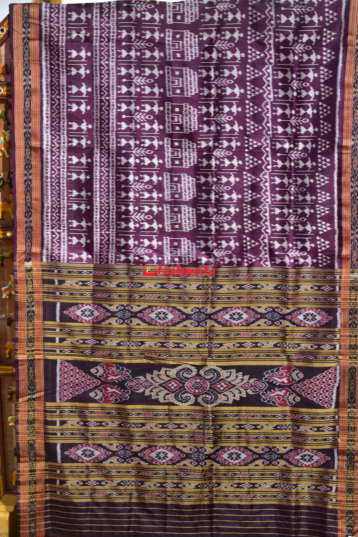 Burgundy Body Chiita Tribals Khandua Silk Saree