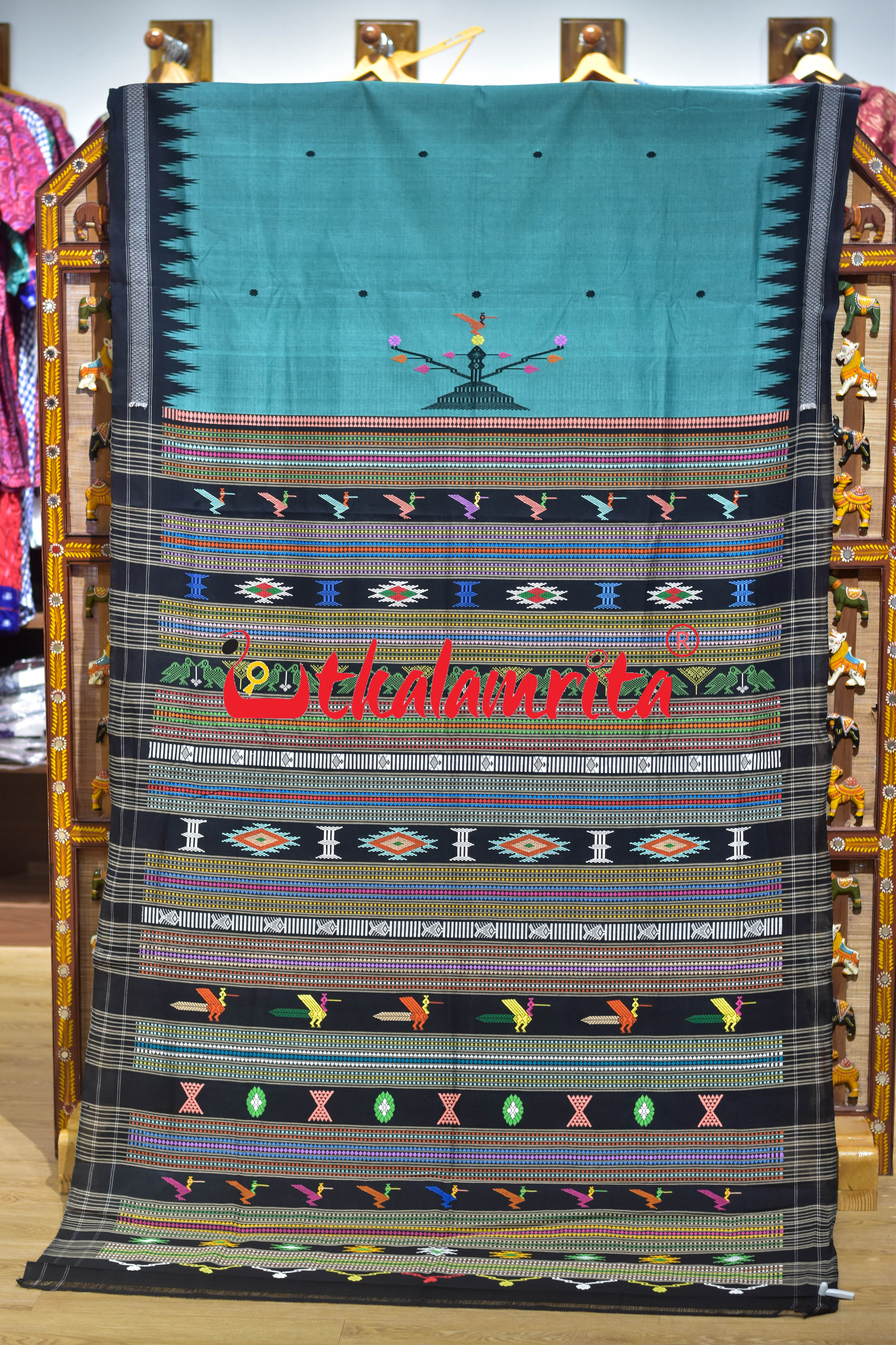 Sea Green Black Anchal Ganjam Bomkai Cotton Saree