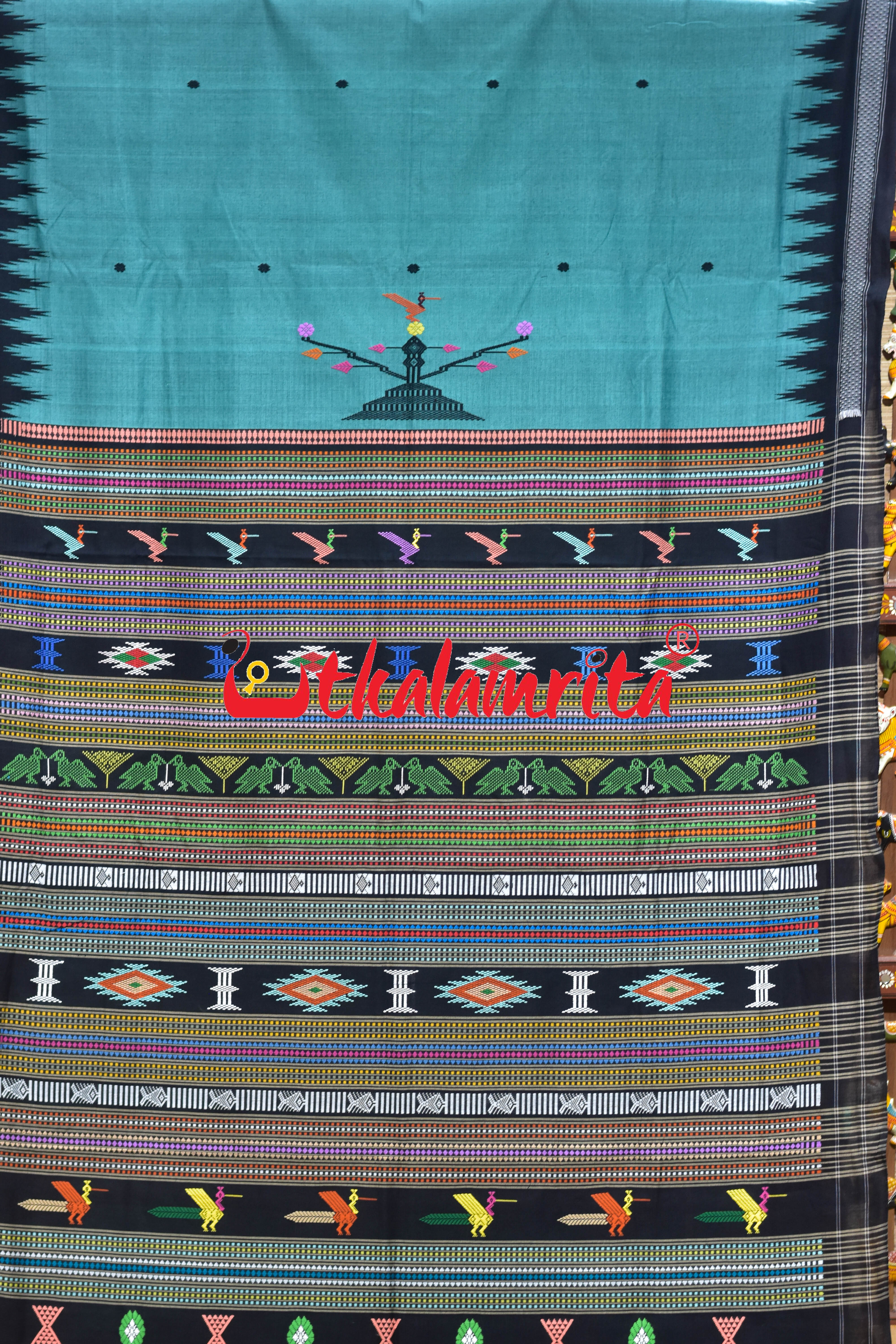 Sea Green Black Anchal Ganjam Bomkai Cotton Saree