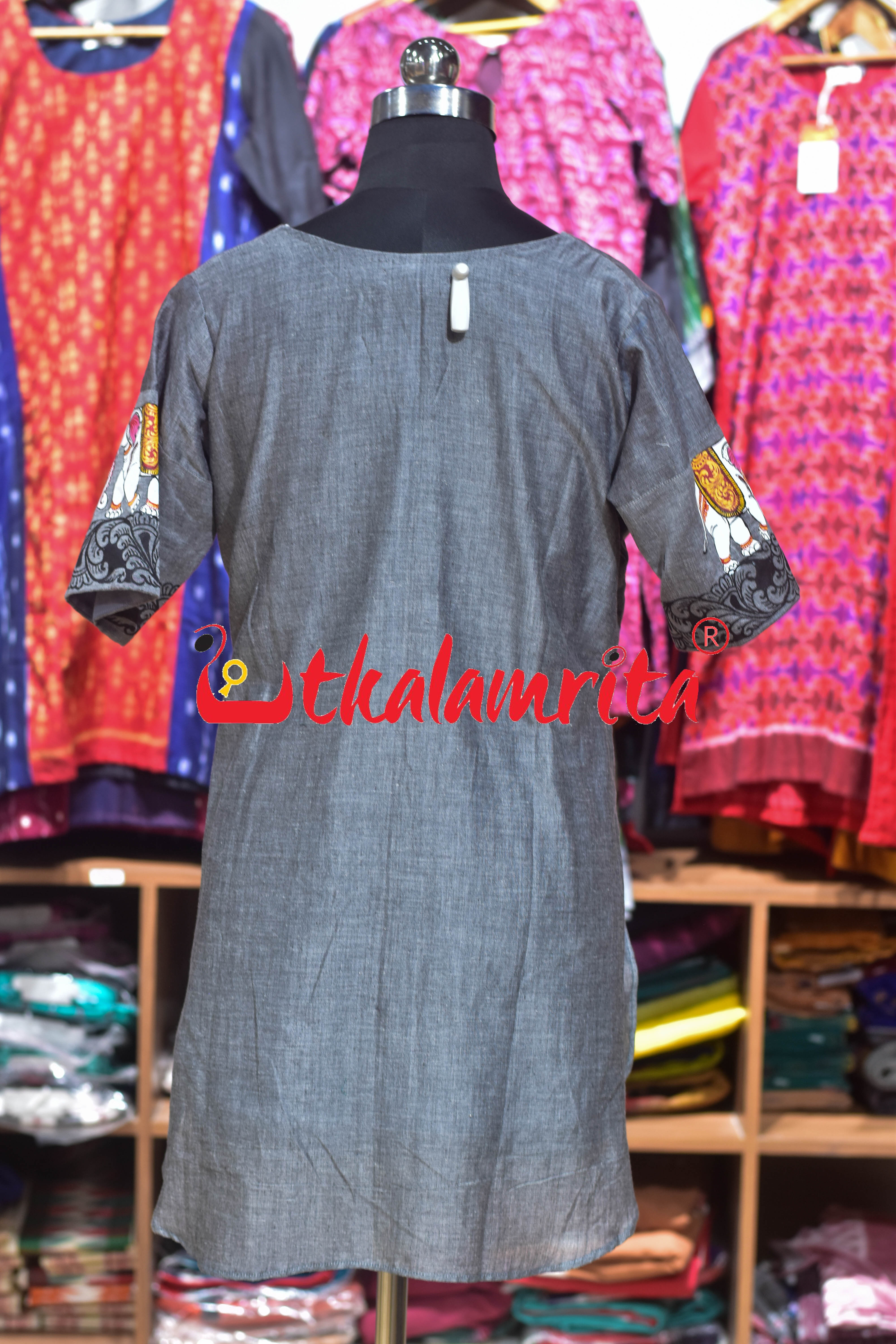 Grey Dual Elephants Pattachitra (Ladies' Kurti)