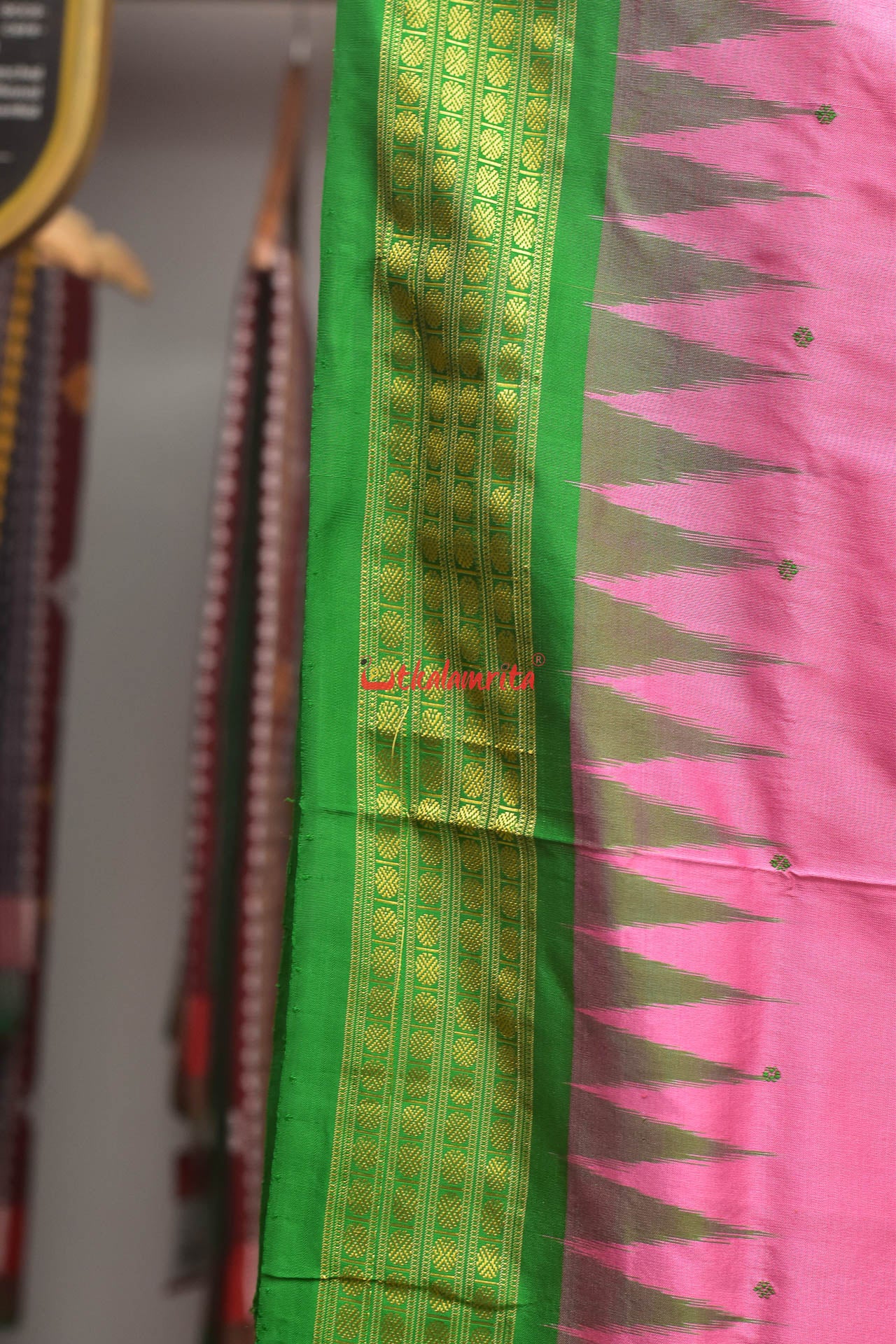 Pink with Green Buti Half Tissue Bomkai Silk Saree