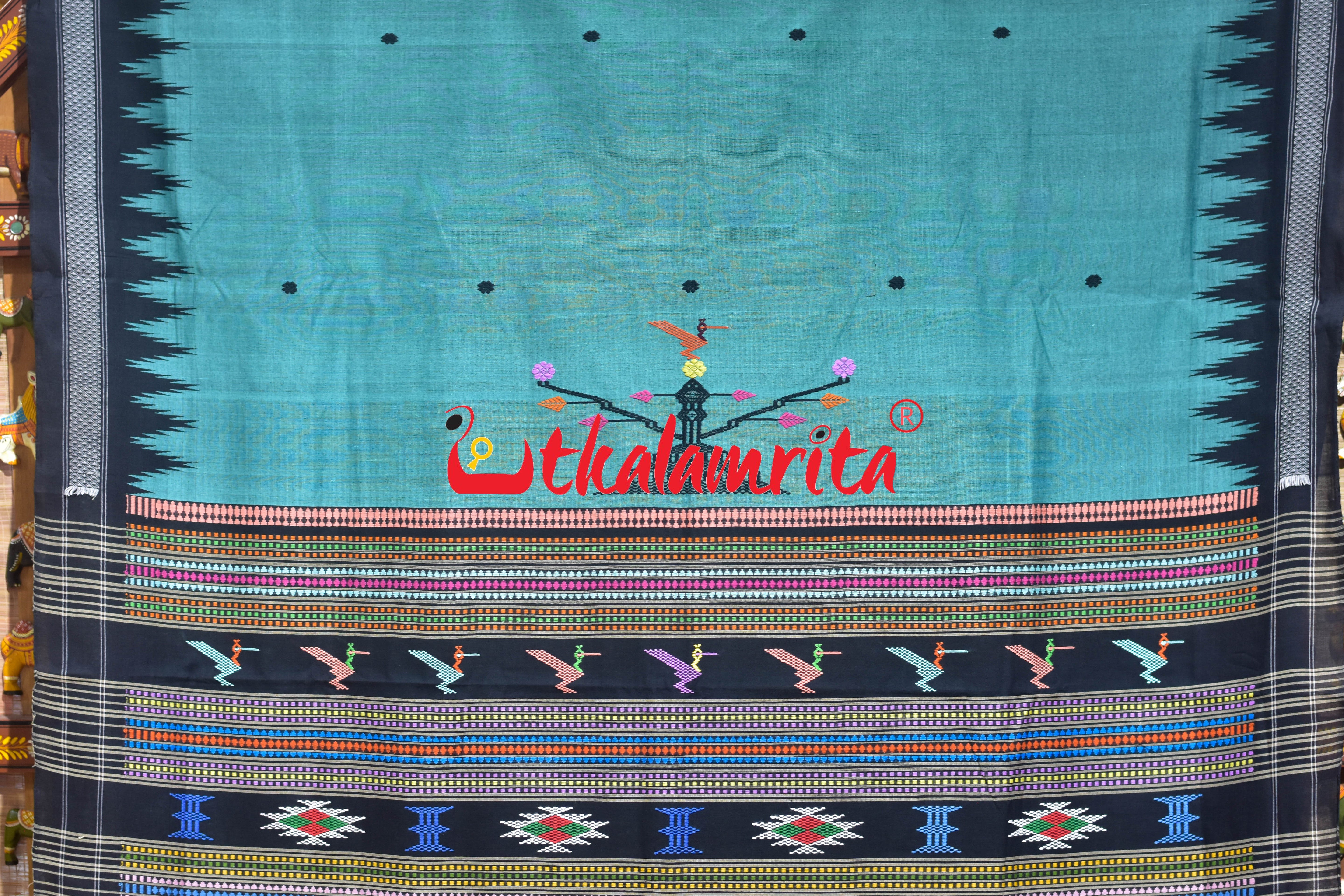 Sea Green Black Anchal Ganjam Bomkai Cotton Saree