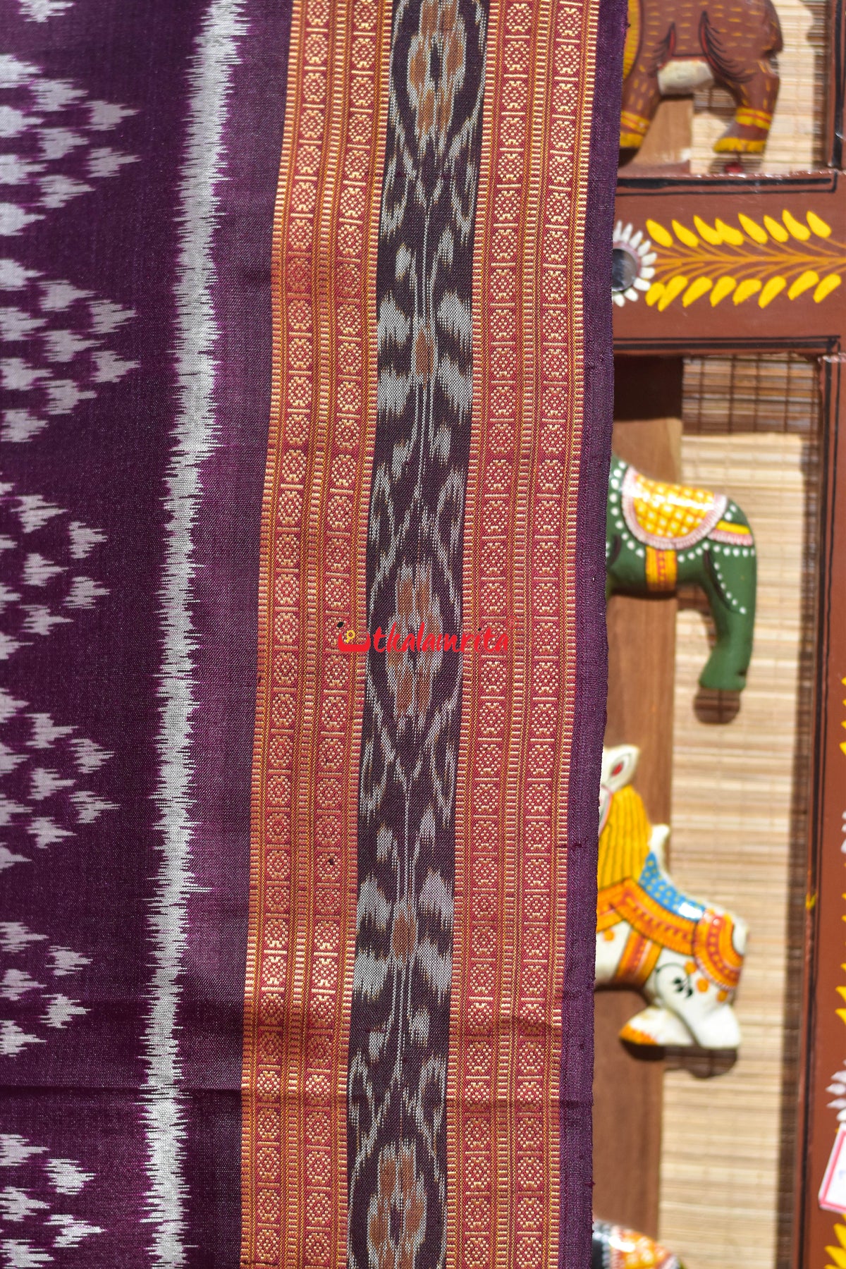 Burgundy Body Chiita Tribals Khandua Silk Saree