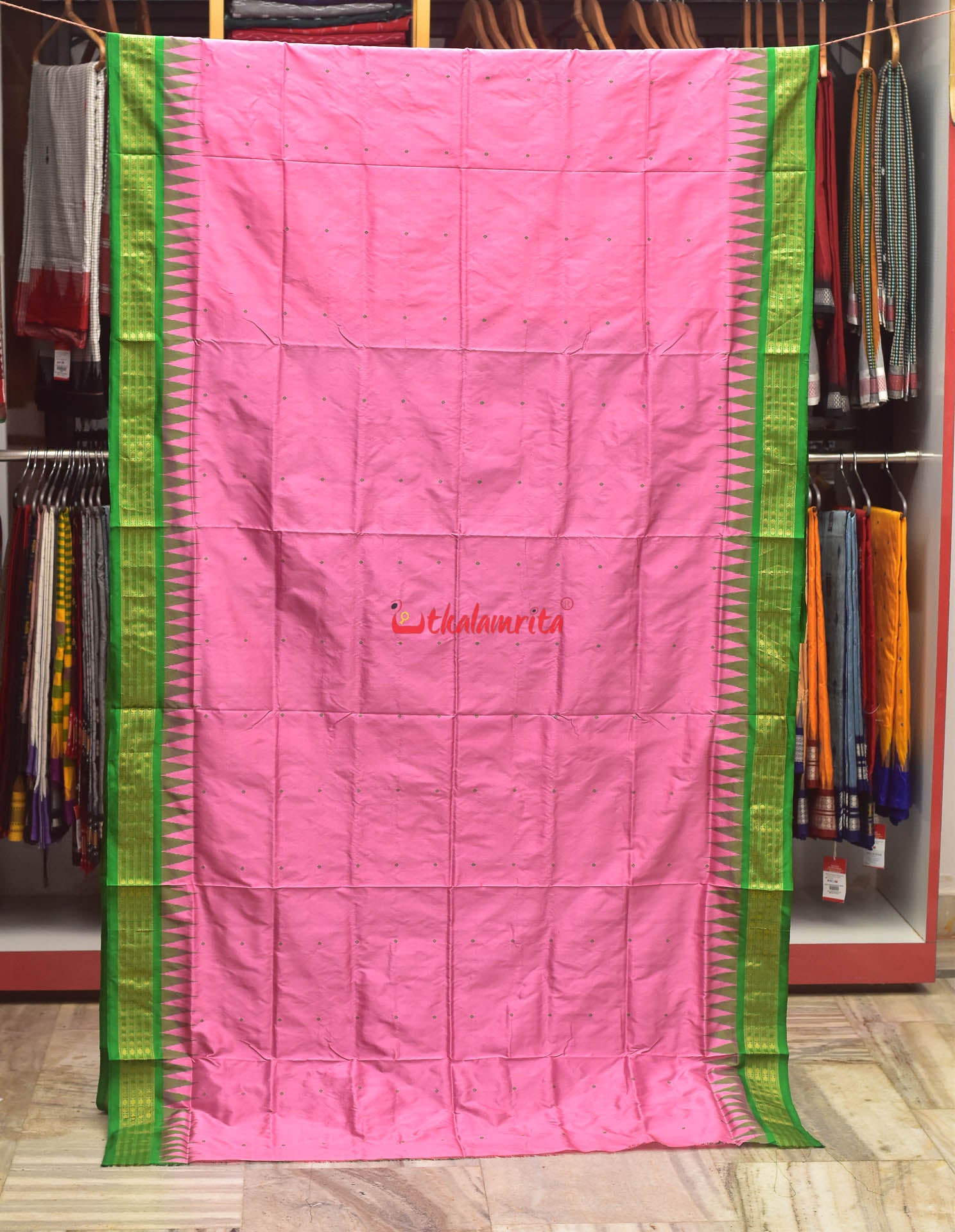 Pink with Green Buti Half Tissue Bomkai Silk Saree