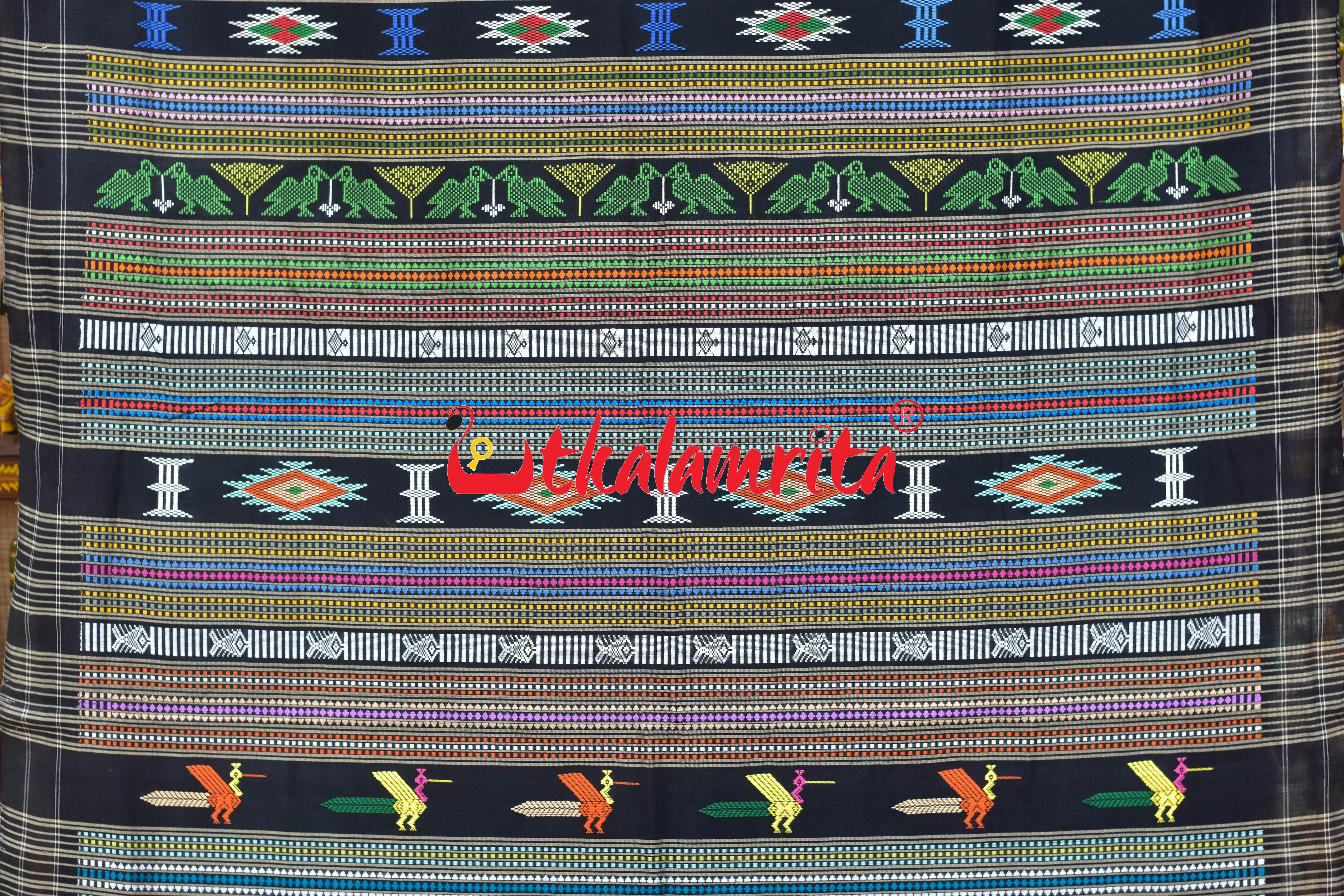 Sea Green Black Anchal Ganjam Bomkai Cotton Saree