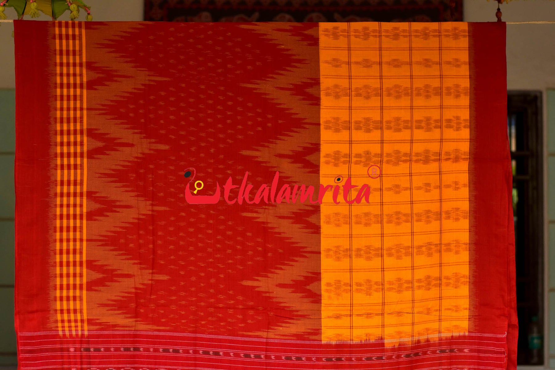 Half Half Yellow Red Checks Saree