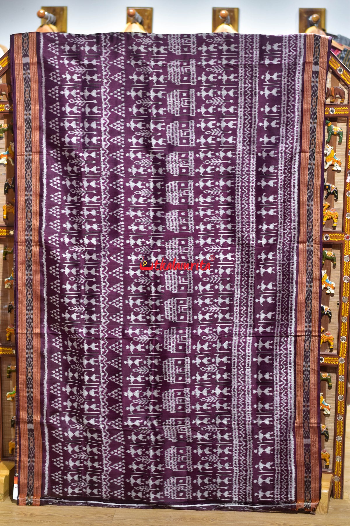 Burgundy Body Chiita Tribals Khandua Silk Saree