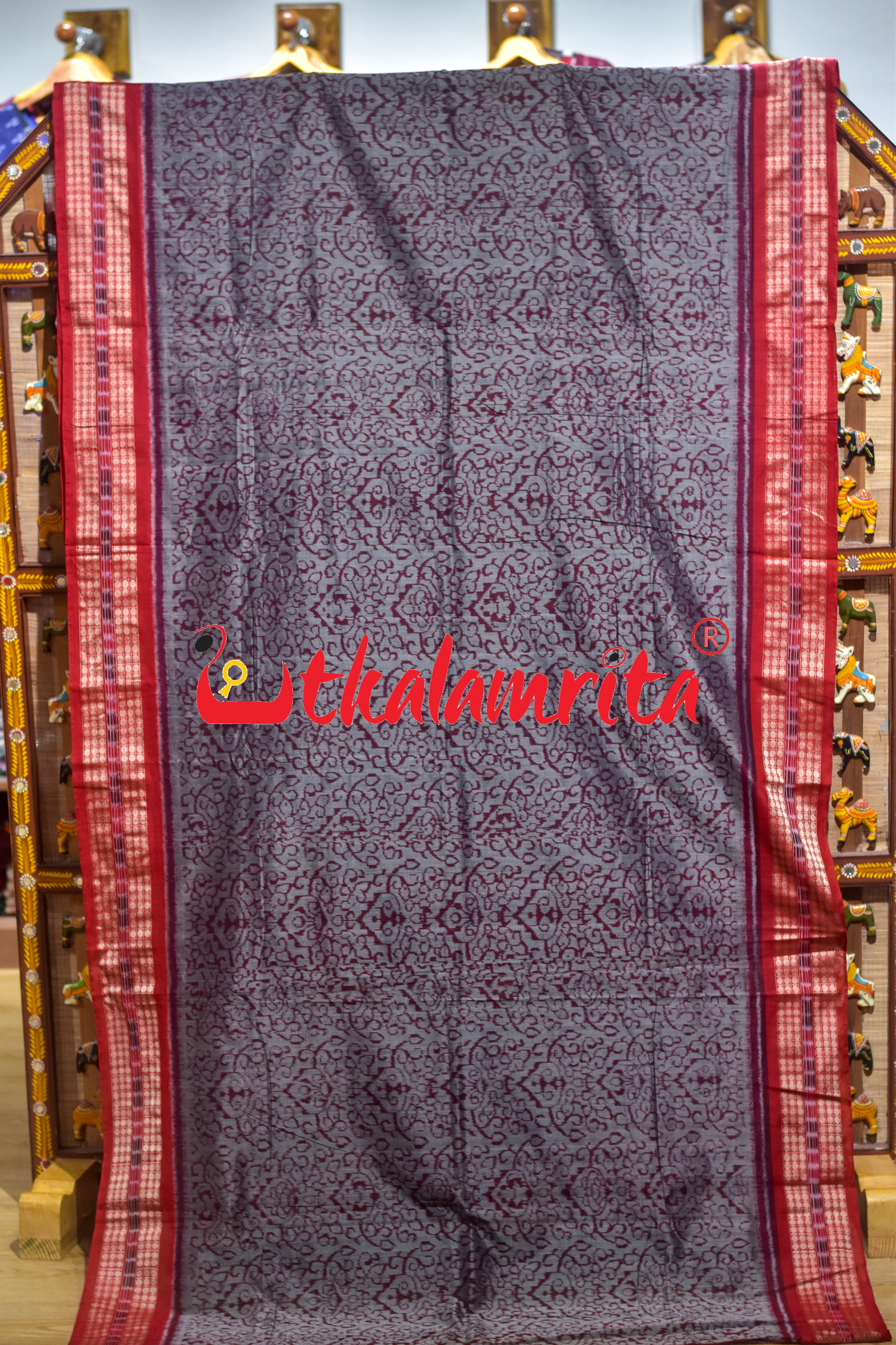 Grey Red Tribal Sambalpuri Cotton Saree