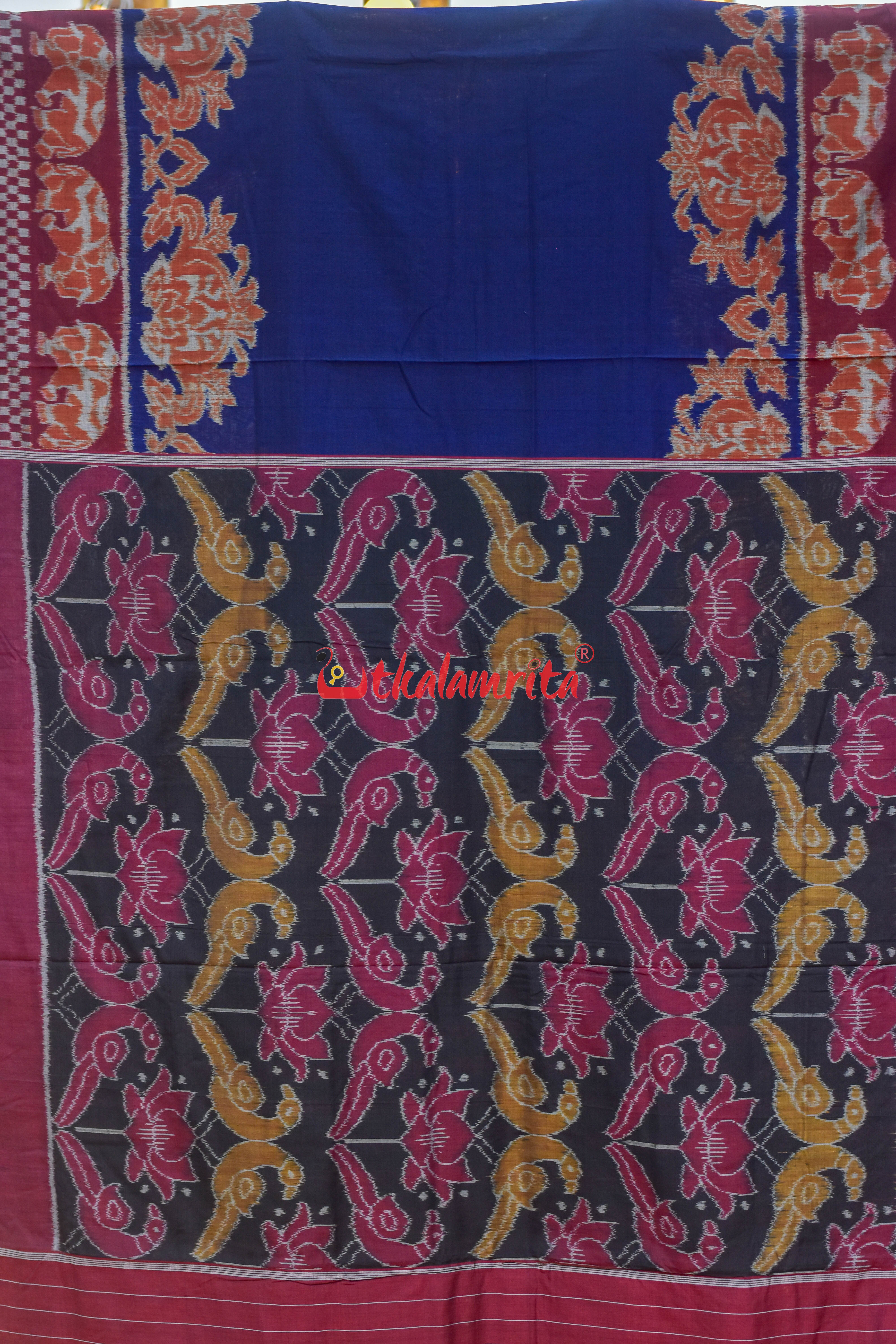 Border Elephant Navy Blue Khadua Cotton Saree