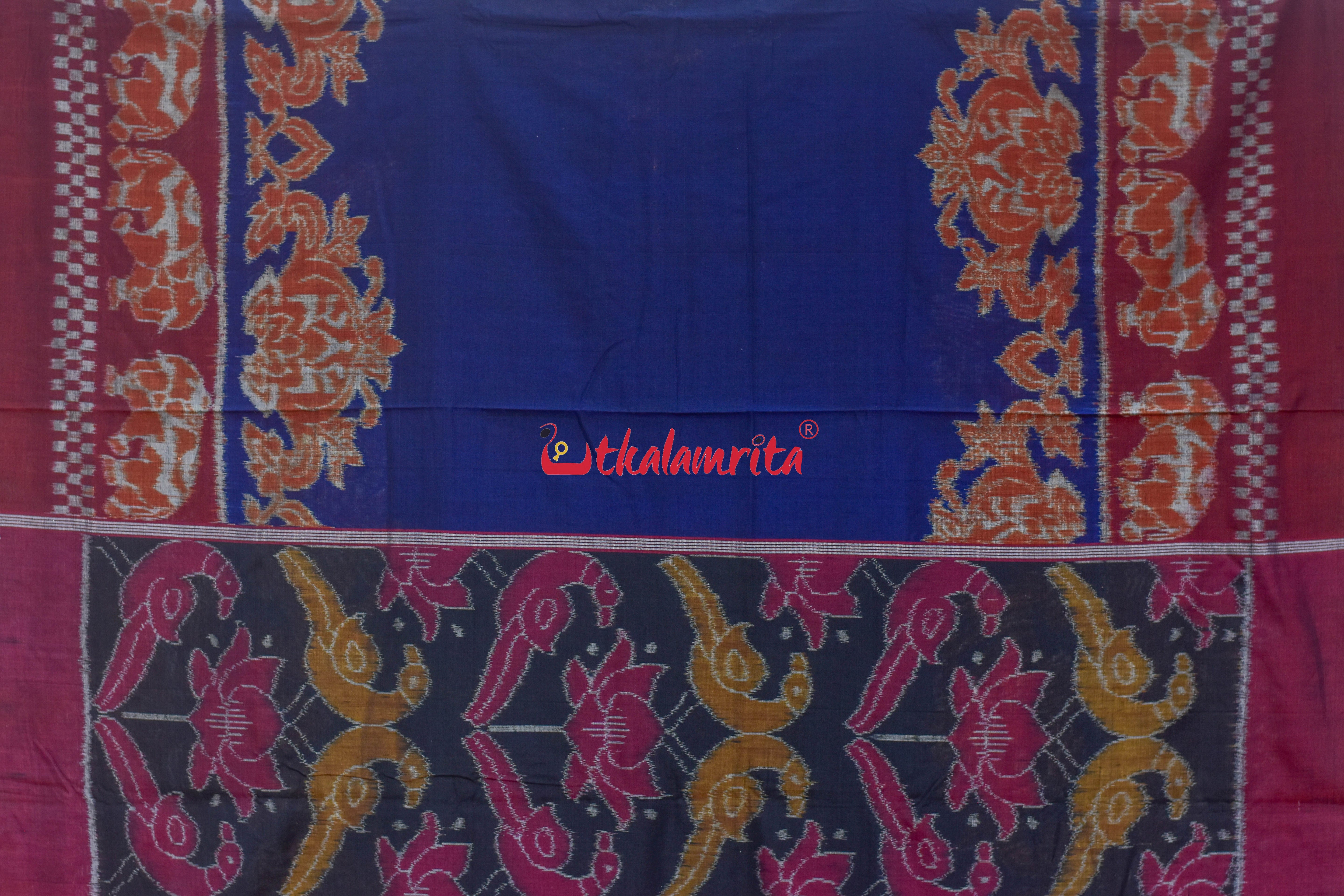 Border Elephant Navy Blue Khadua Cotton Saree