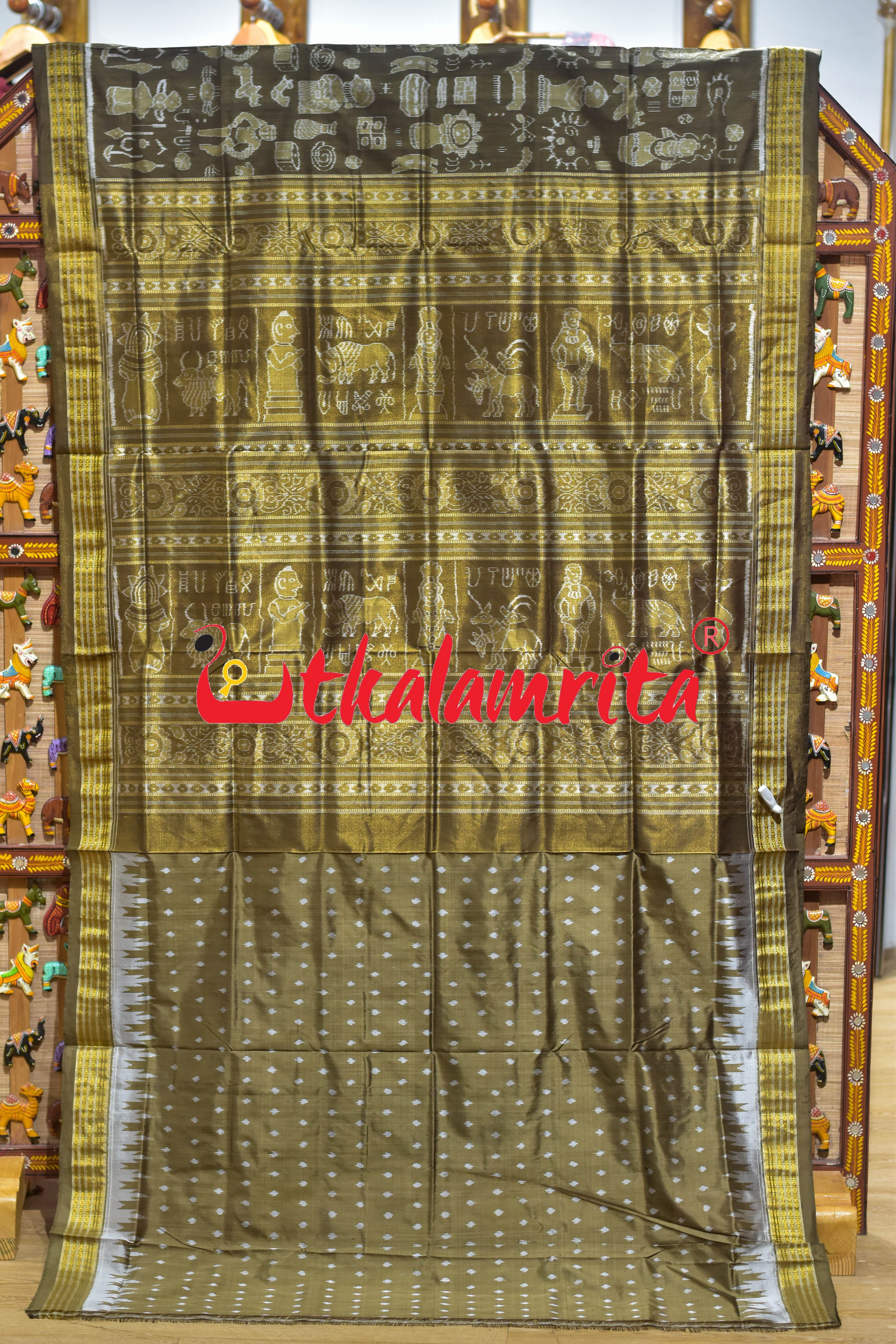 Olive Green Half Tissue Harapa Design Sambalpuri Silk Saree