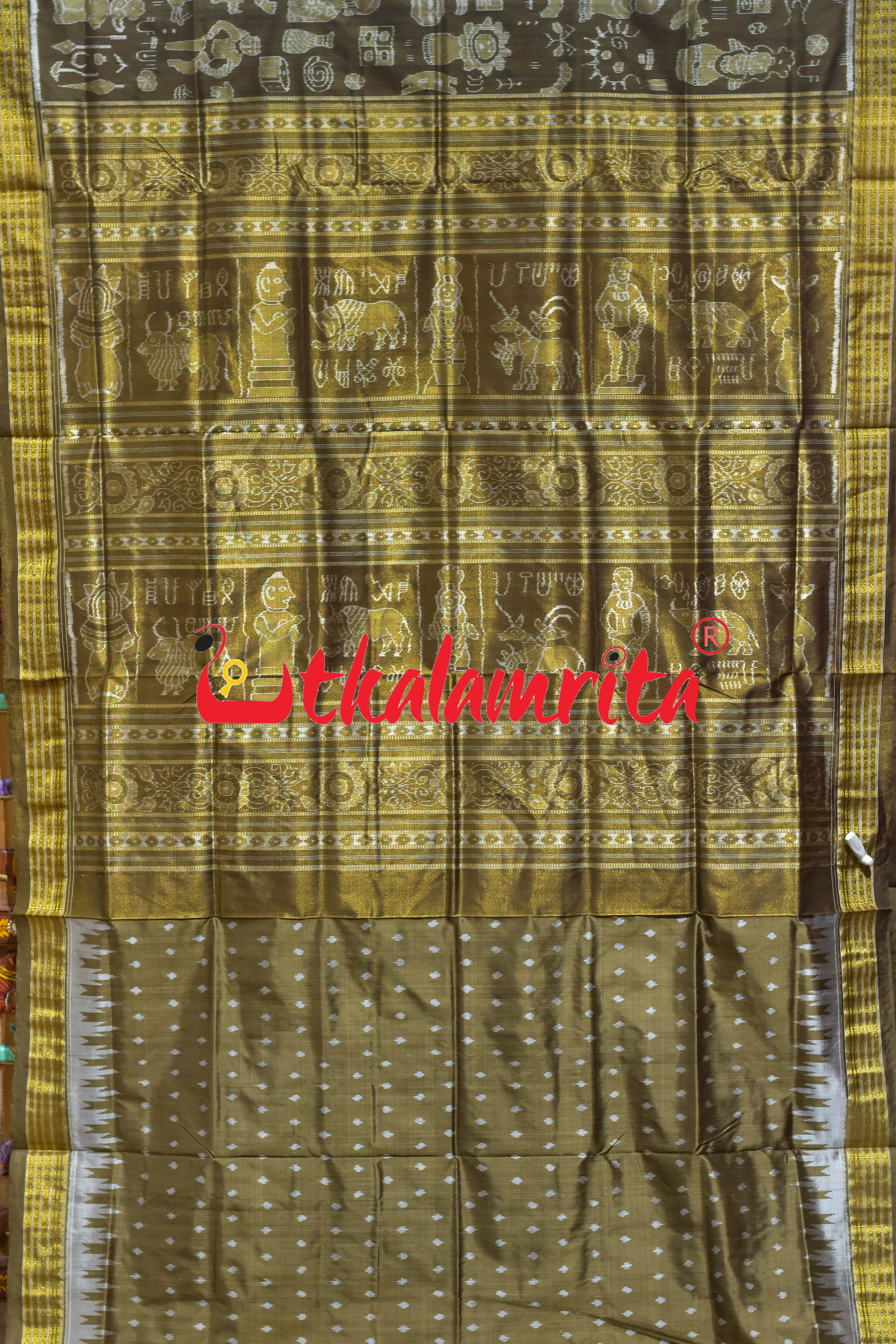 Olive Green Half Tissue Harapa Design Sambalpuri Silk Saree