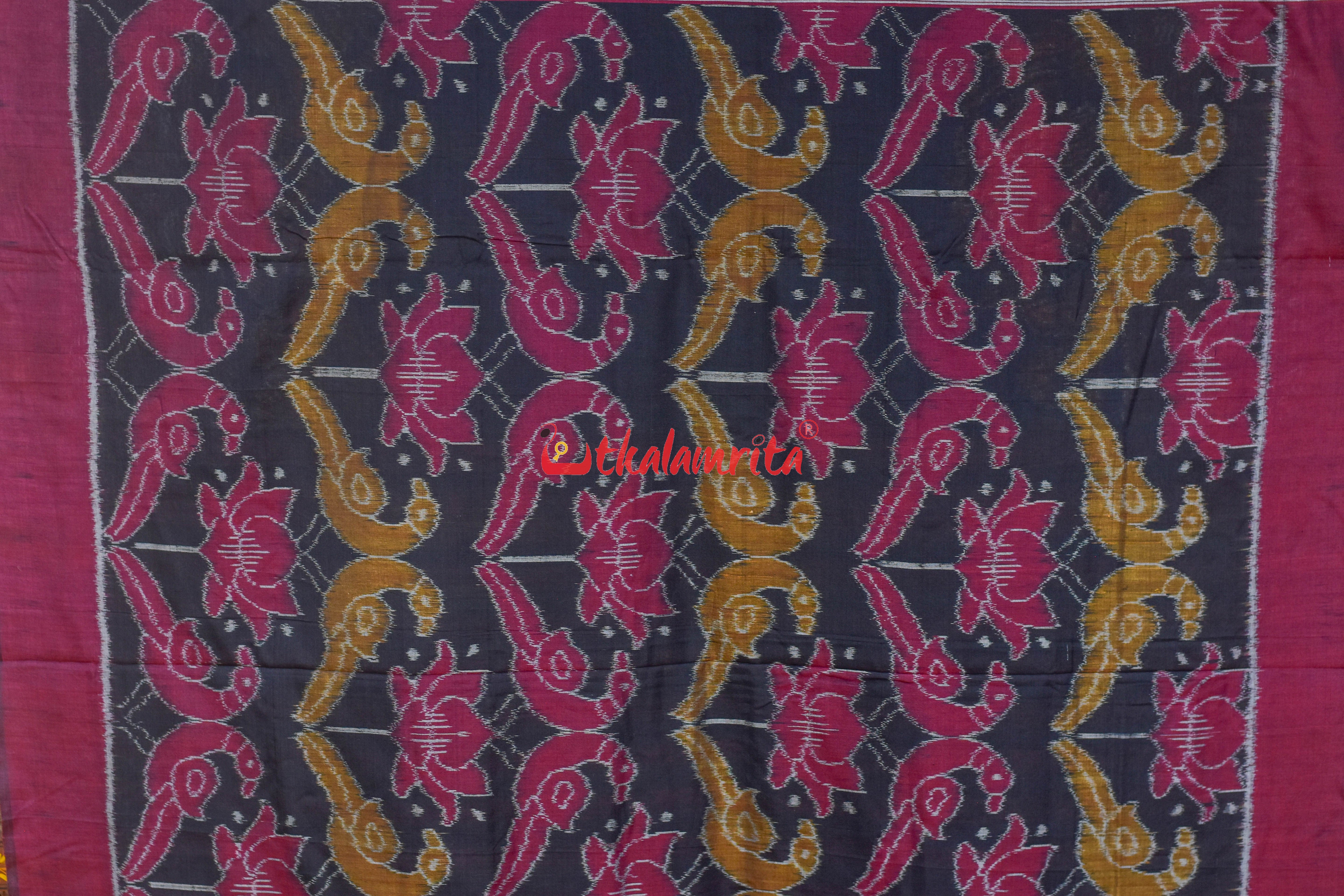 Border Elephant Navy Blue Khadua Cotton Saree