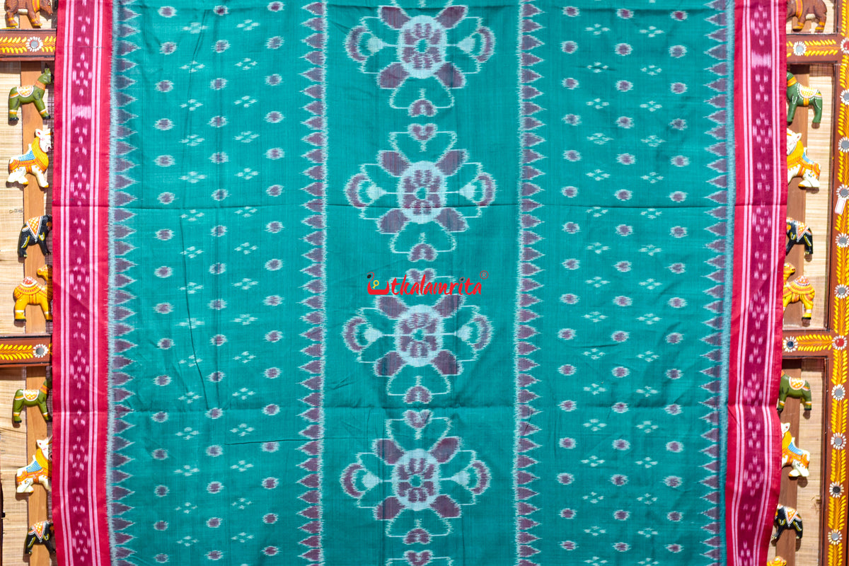 Green Red Middle Flower Khandua Cotton Saree