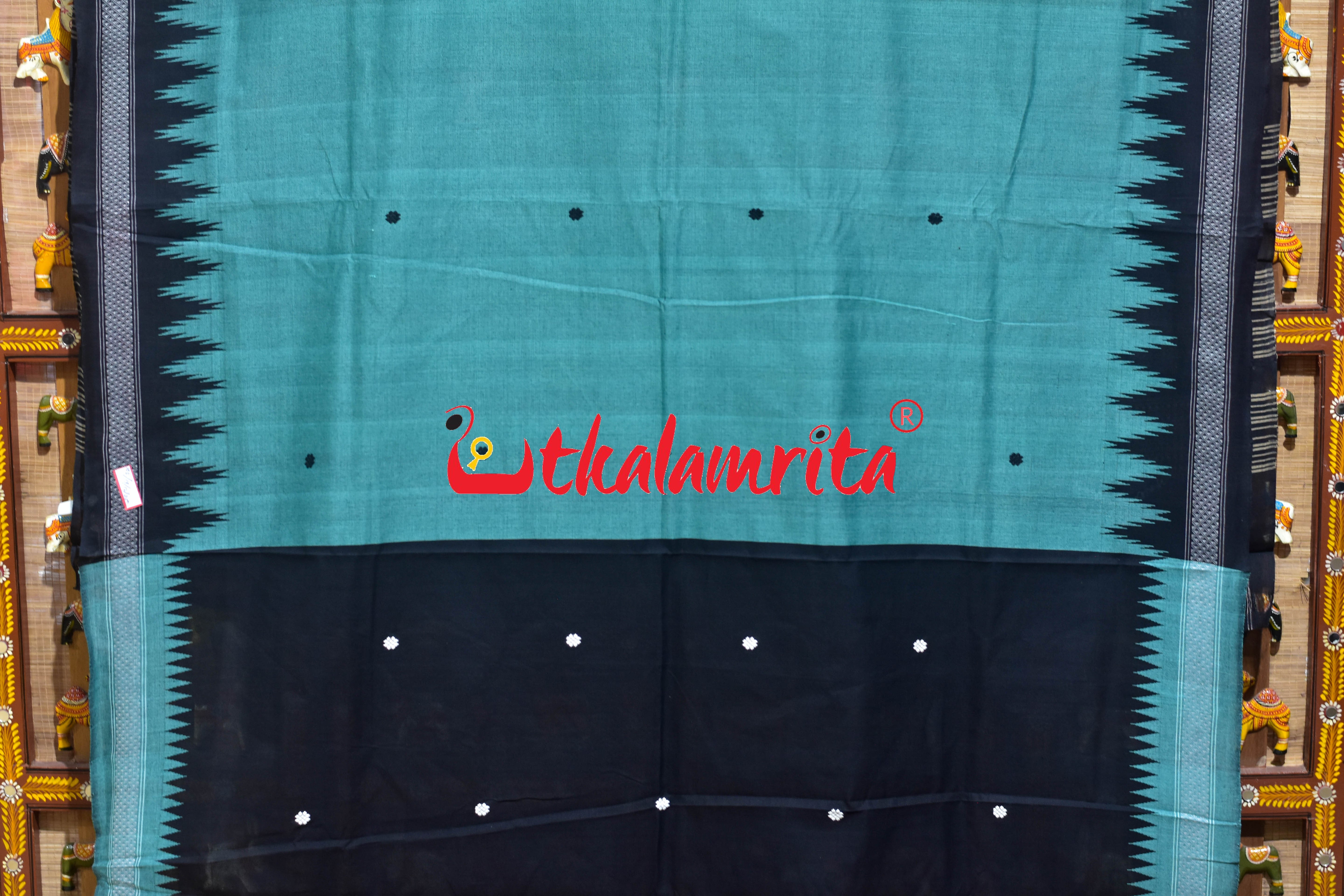 Sea Green Black Anchal Ganjam Bomkai Cotton Saree