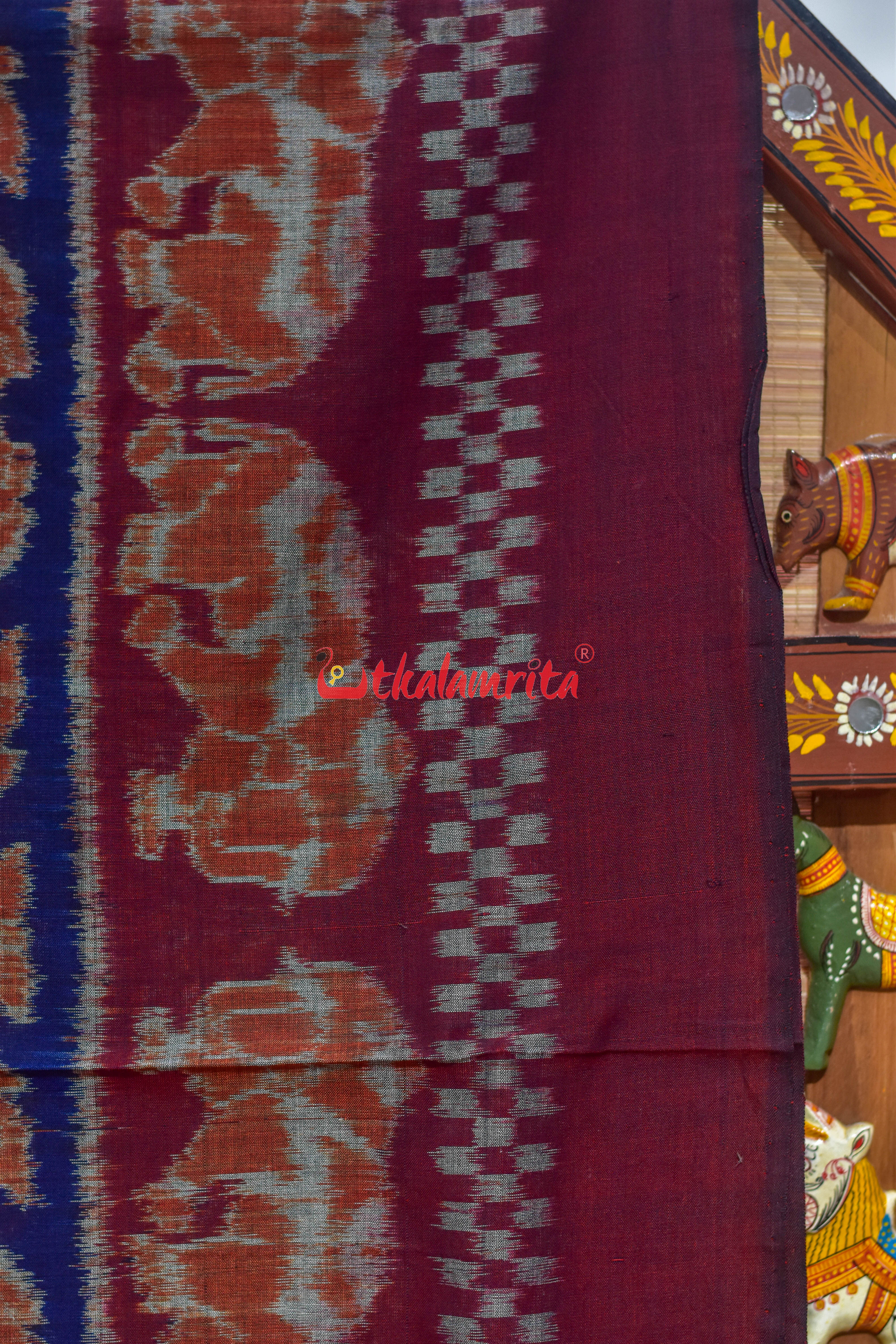 Border Elephant Navy Blue Khadua Cotton Saree