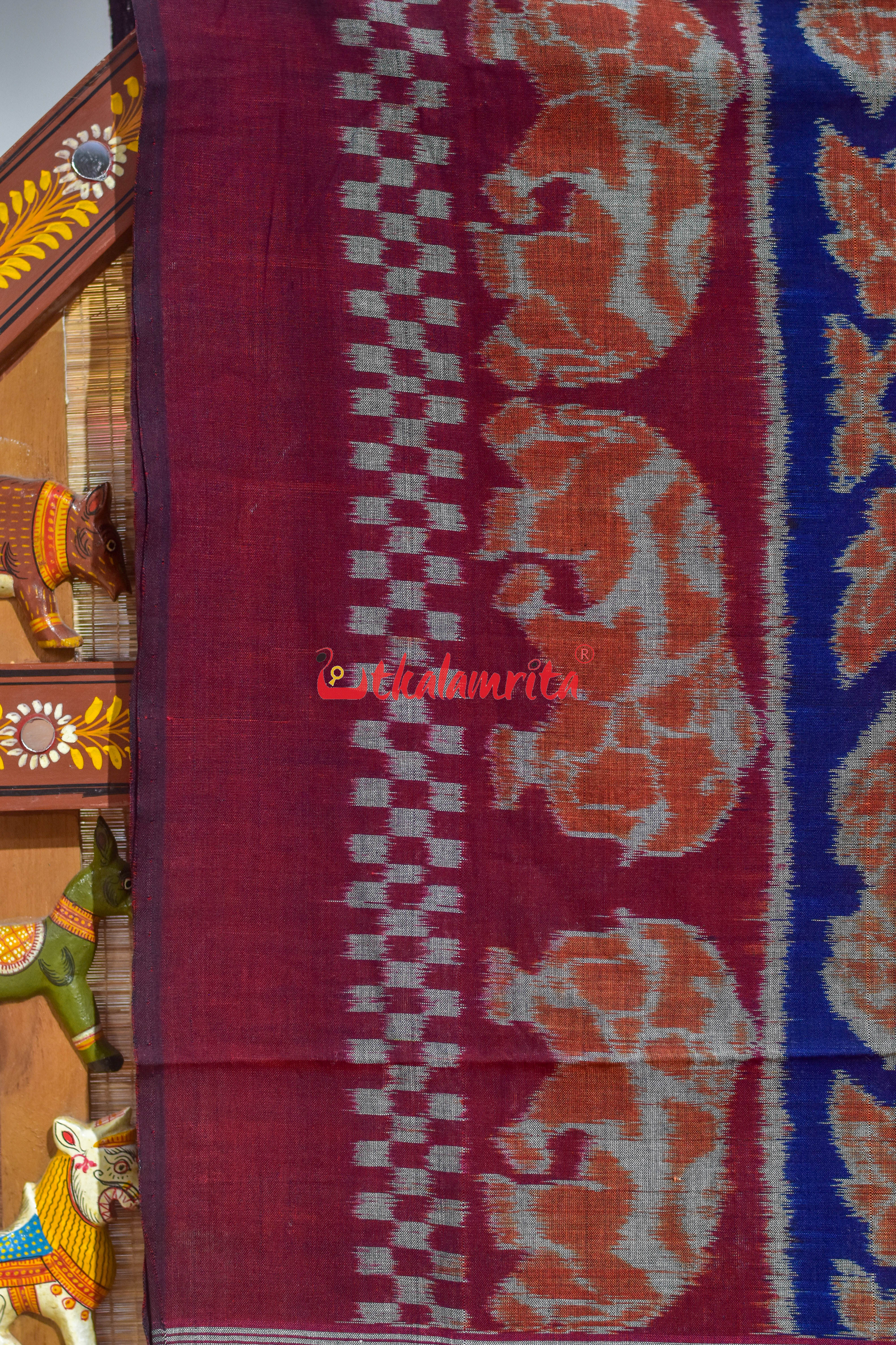 Border Elephant Navy Blue Khadua Cotton Saree