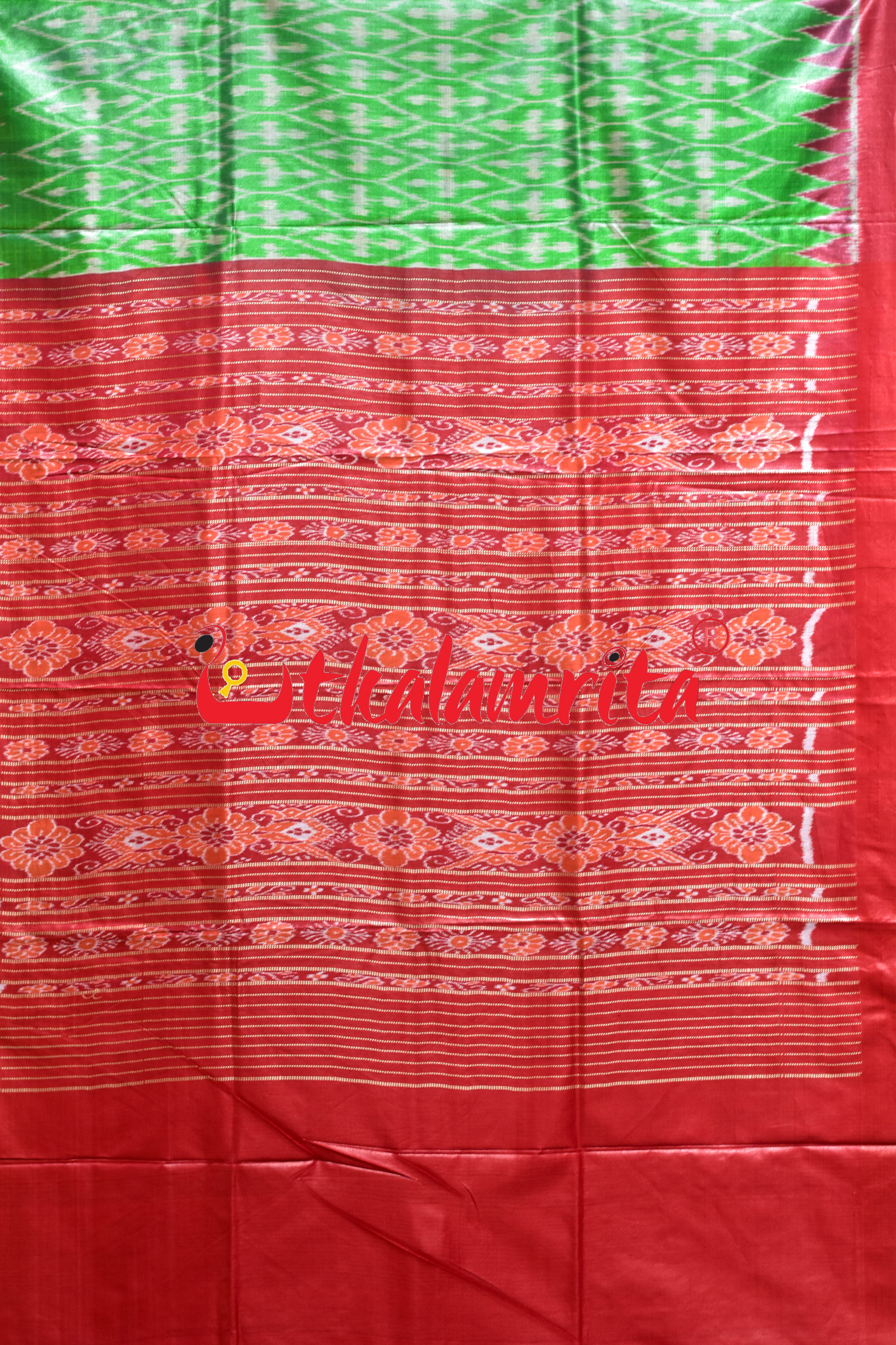 Light Green Body Ikat Red Kumbha Gopalpur Tussar Silk Saree