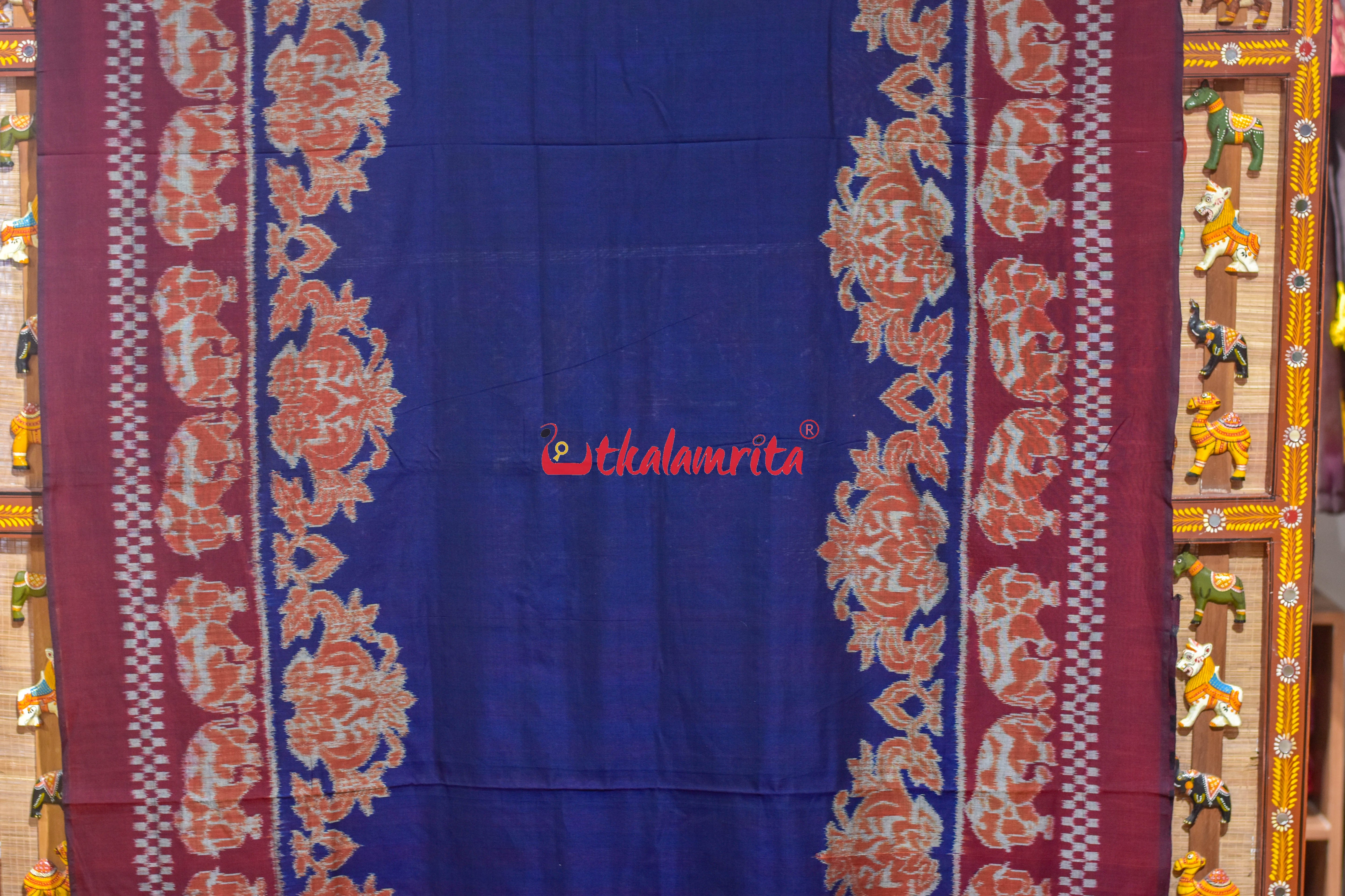 Border Elephant Navy Blue Khadua Cotton Saree