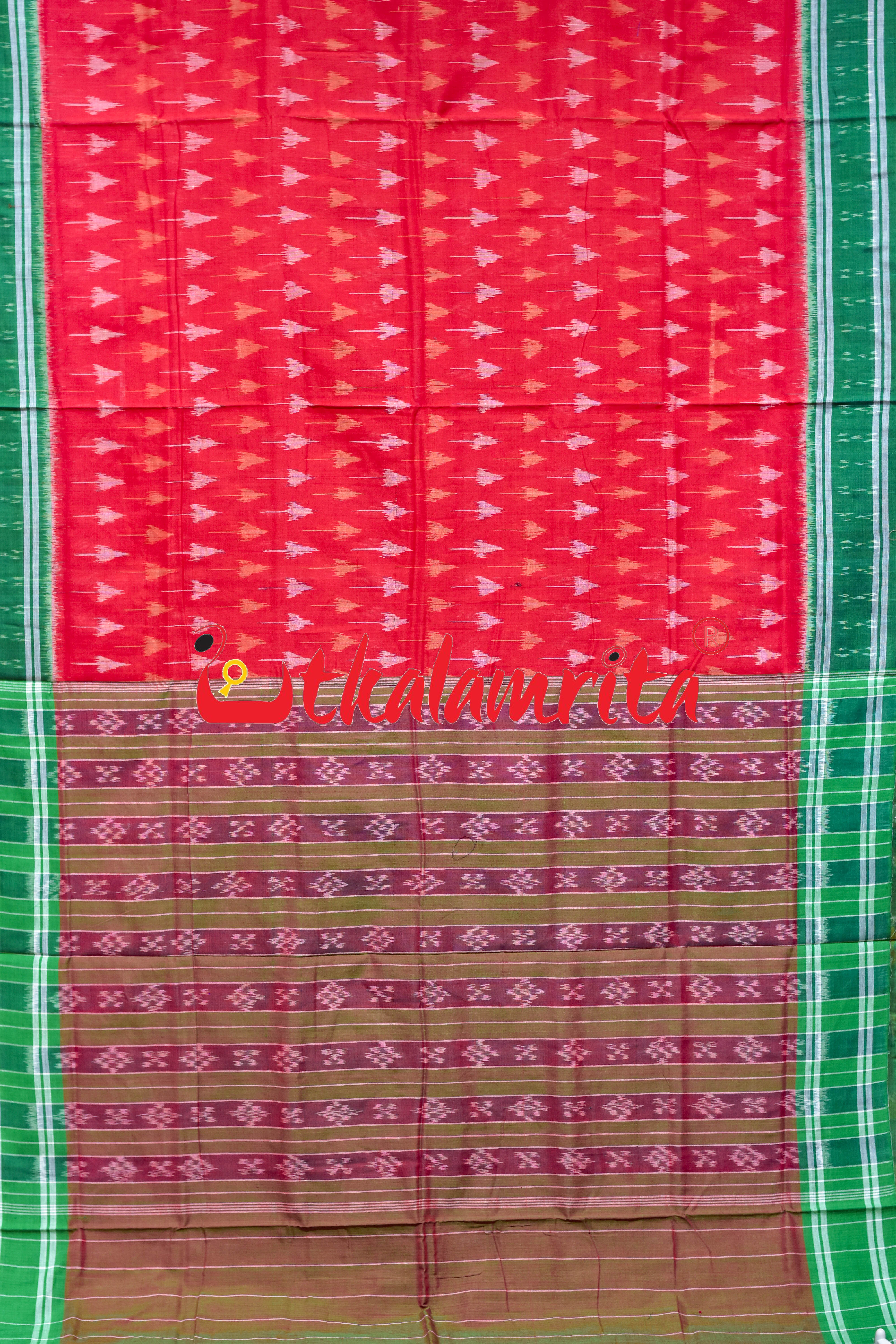 Red Chhatu with Green Border Khandua Cotton Saree