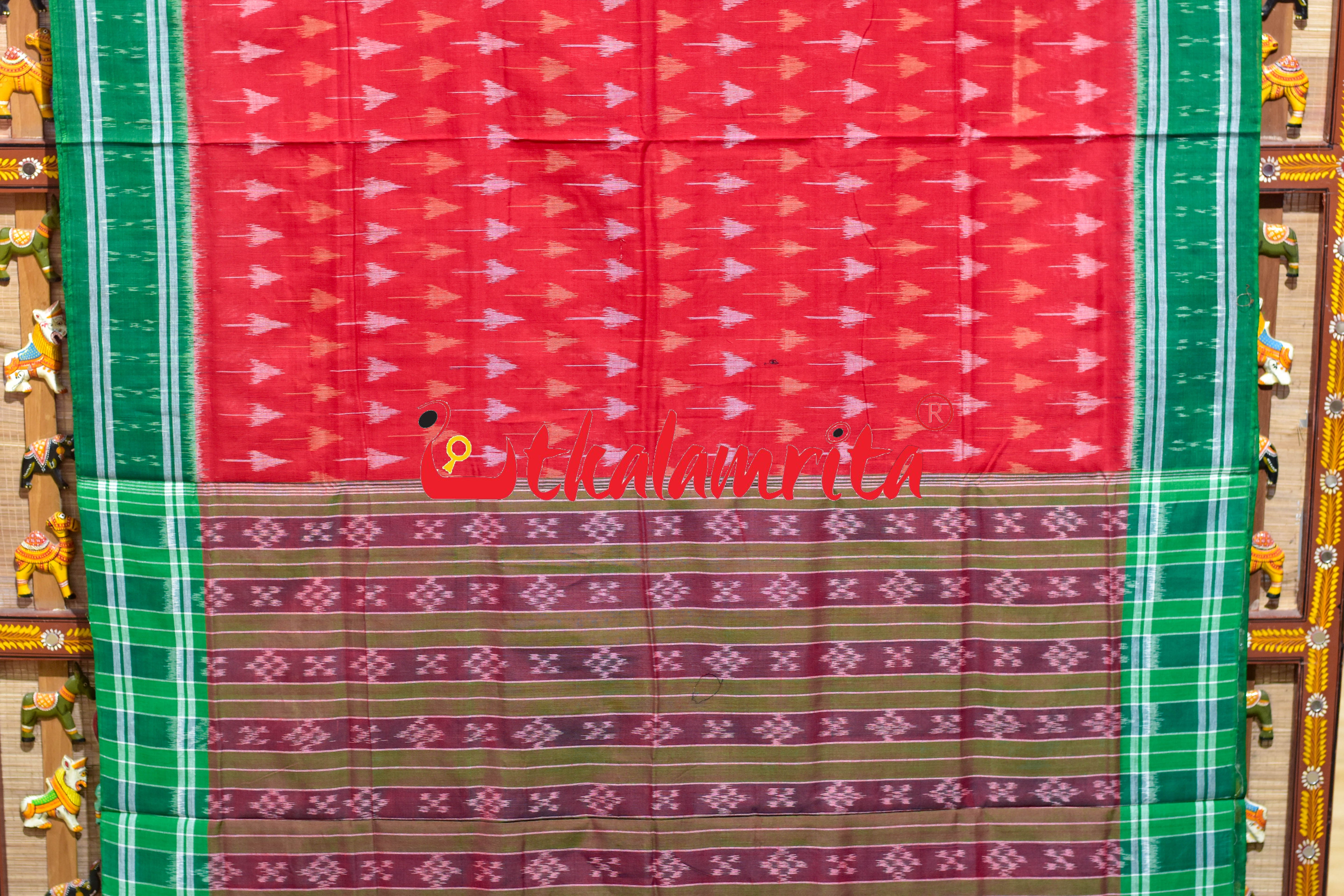 Red Chhatu with Green Border Khandua Cotton Saree