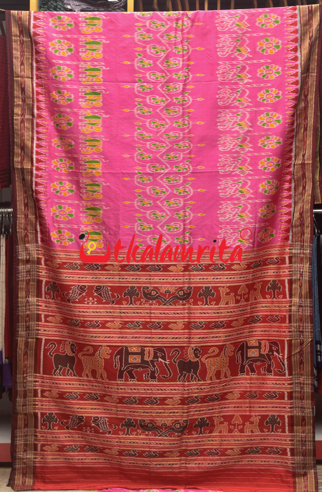 Pink Maroon Elephant Khandua Silk Saree