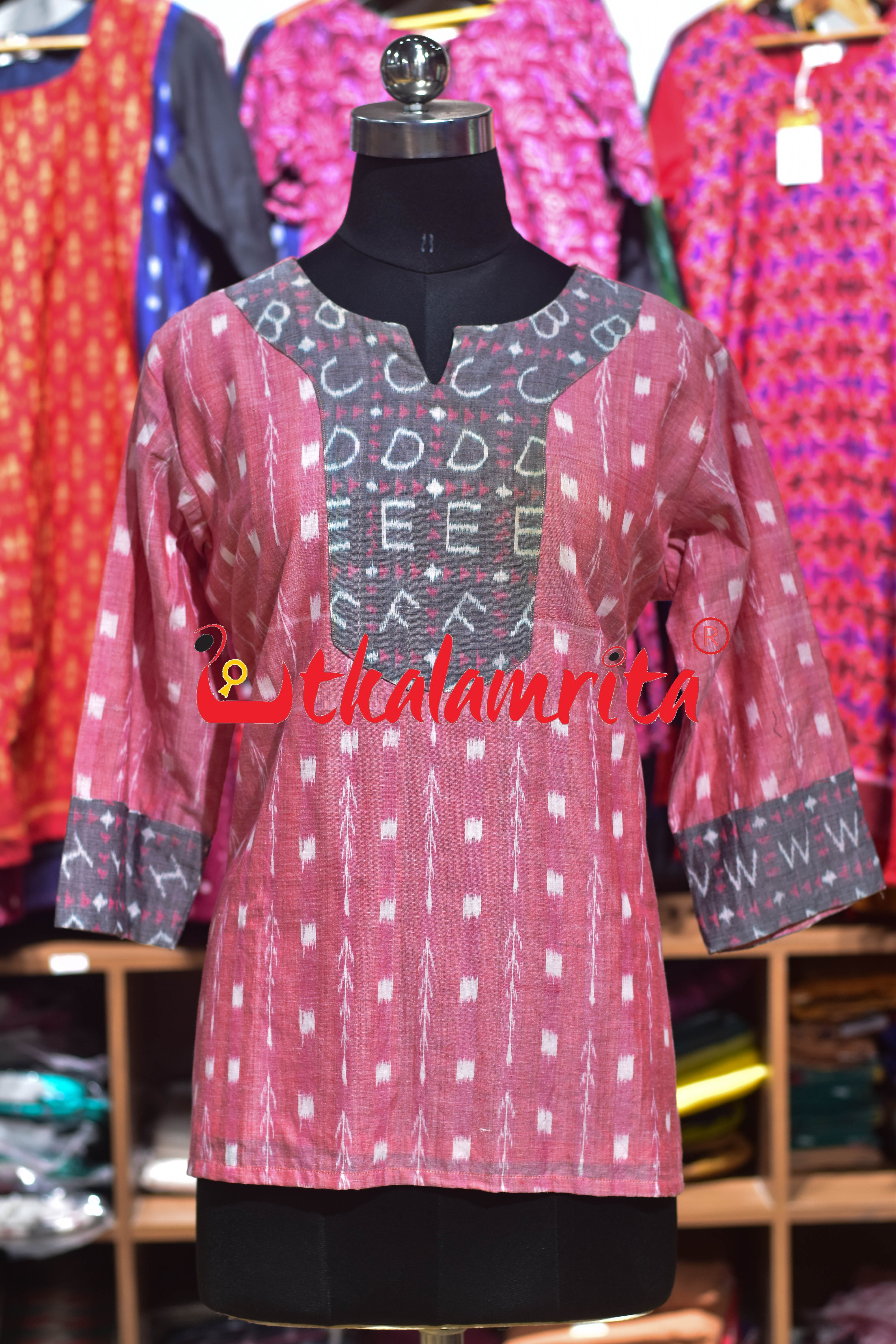Peach Tipa Mala English Letters Sambalpuri (Ladies' Short Kurti)