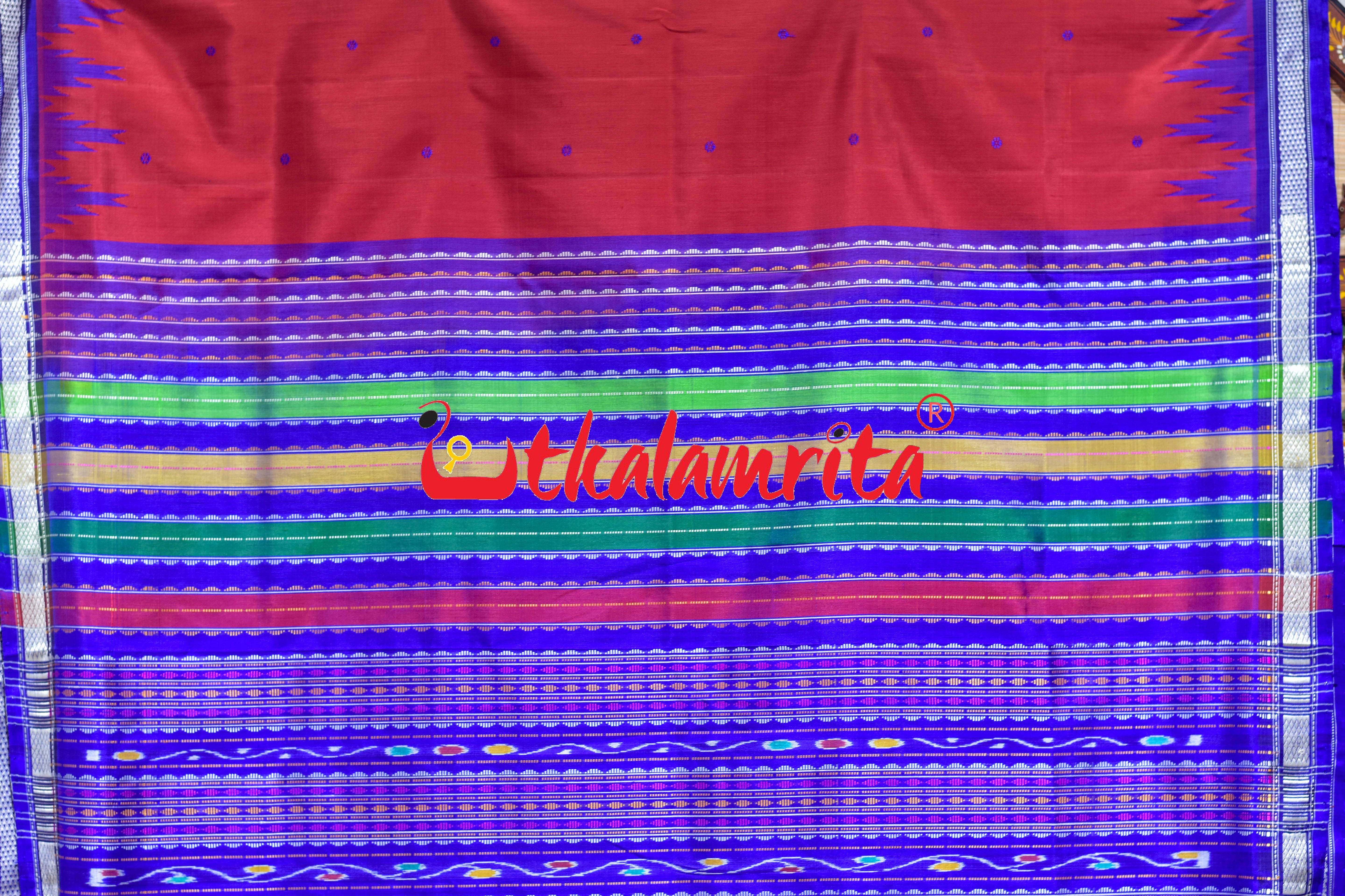 Blue Phula Buti On Red Double Anchal Berhampuri Silk Saree