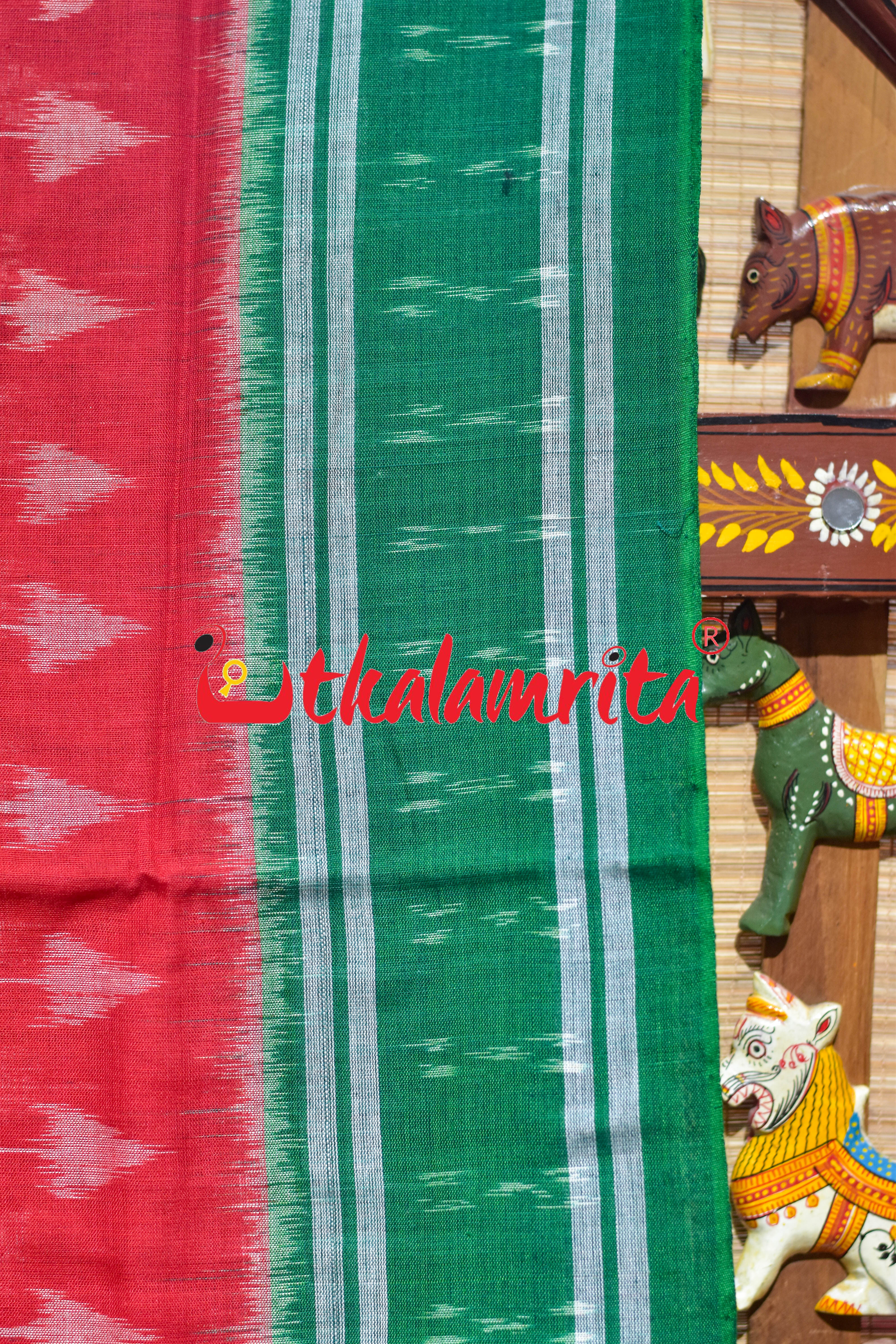 Red Chhatu with Green Border Khandua Cotton Saree