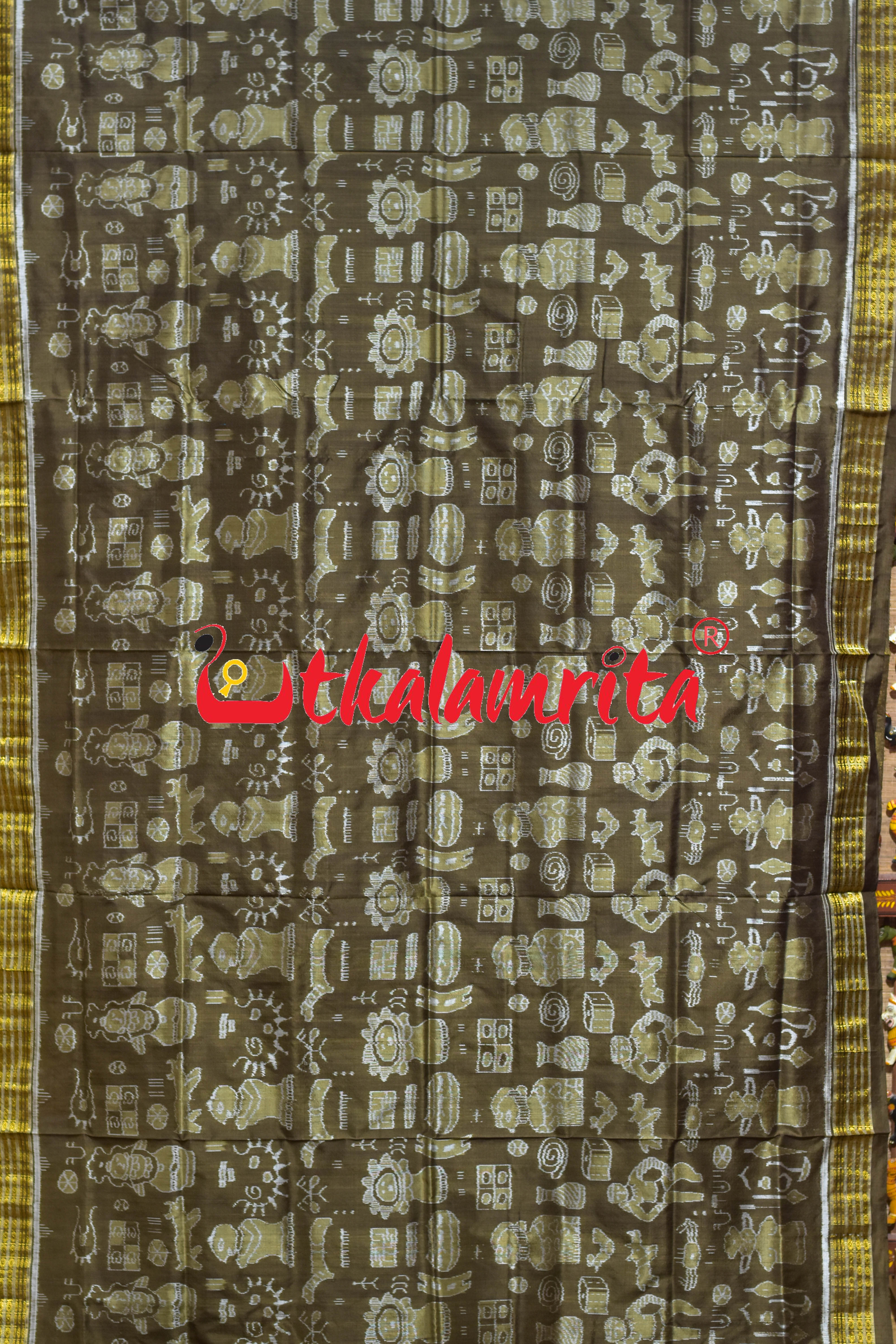 Olive Green Half Tissue Harapa Design Sambalpuri Silk Saree