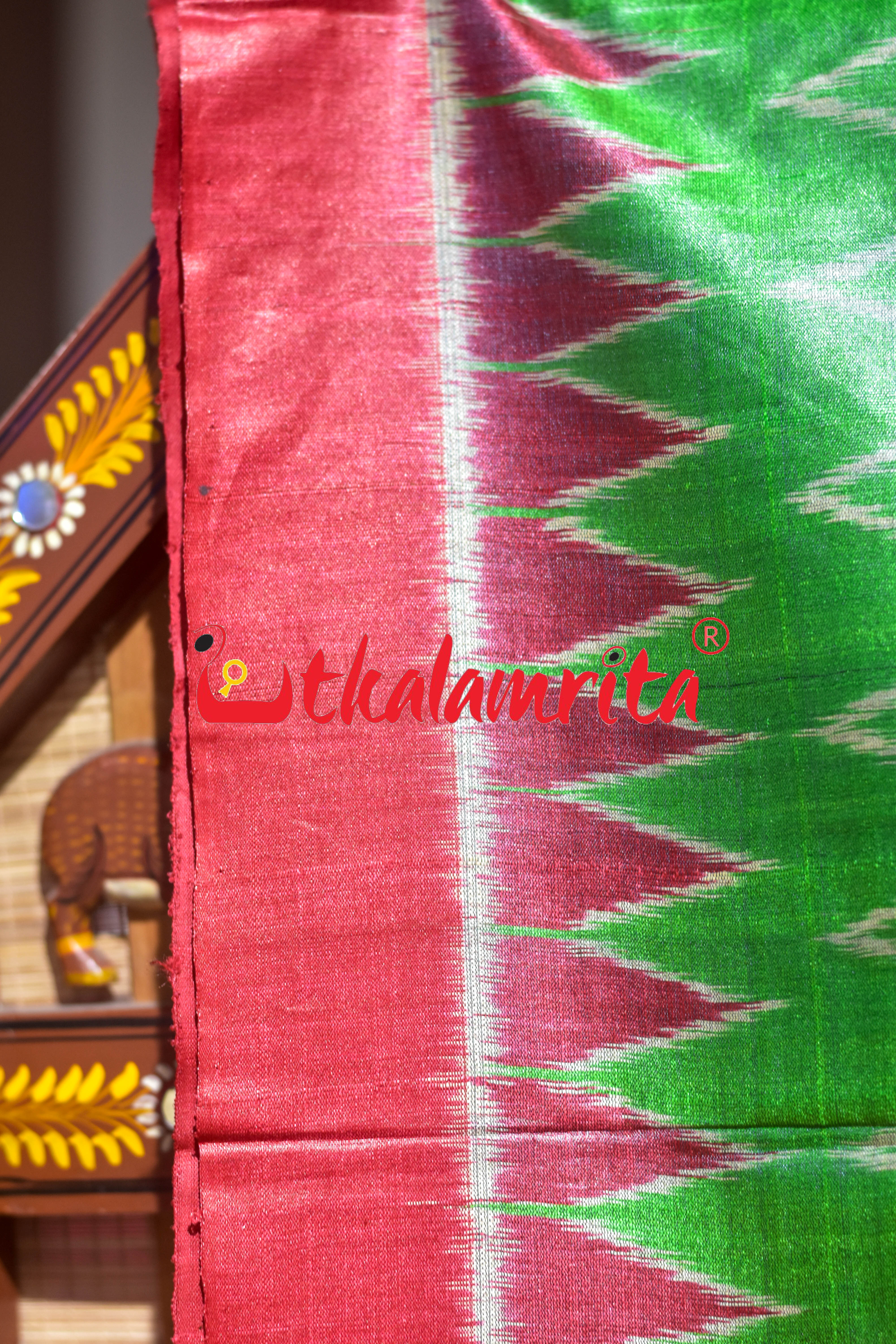 Light Green Body Ikat Red Kumbha Gopalpur Tussar Silk Saree
