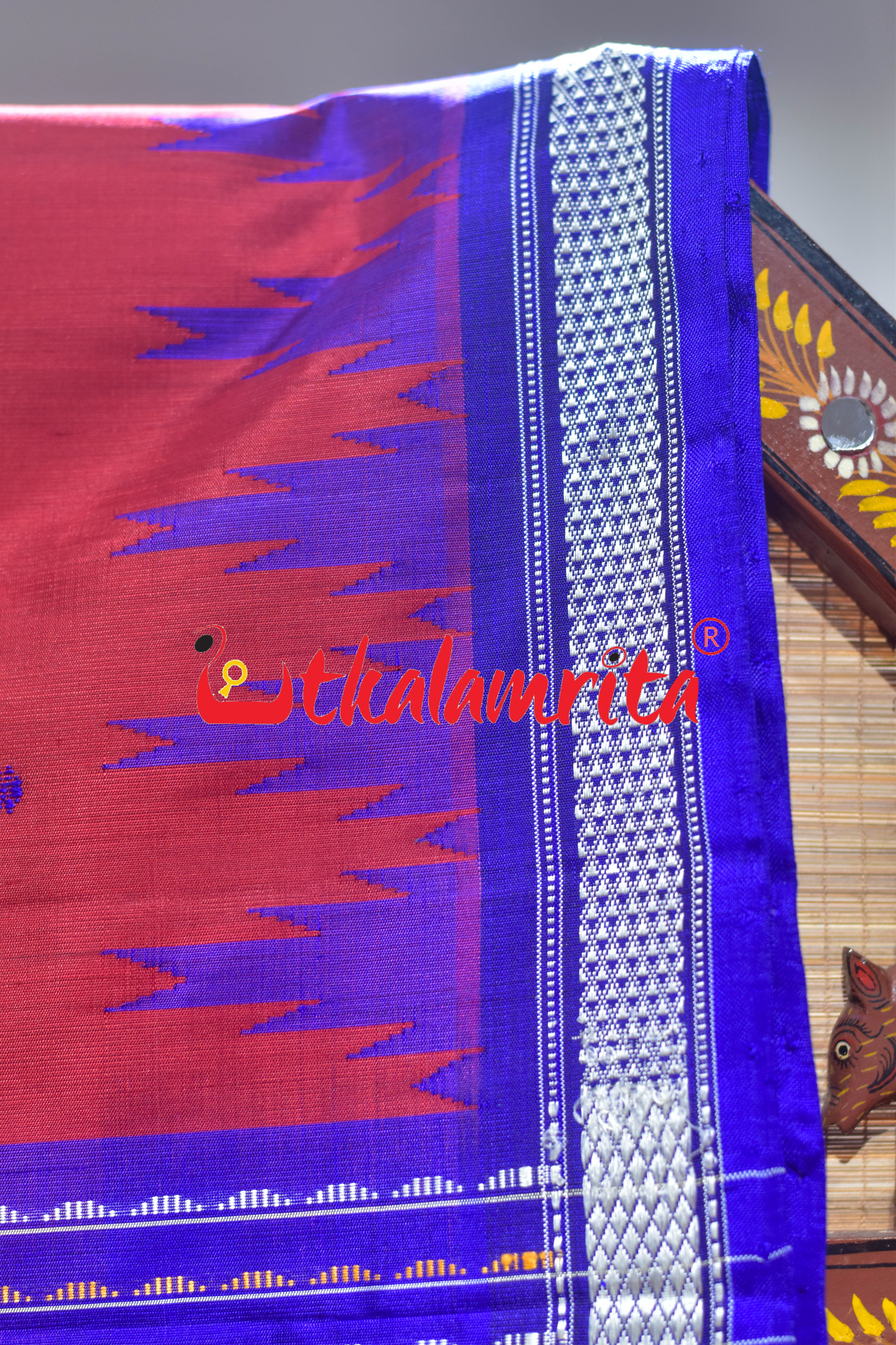 Blue Phula Buti On Red Double Anchal Berhampuri Silk Saree