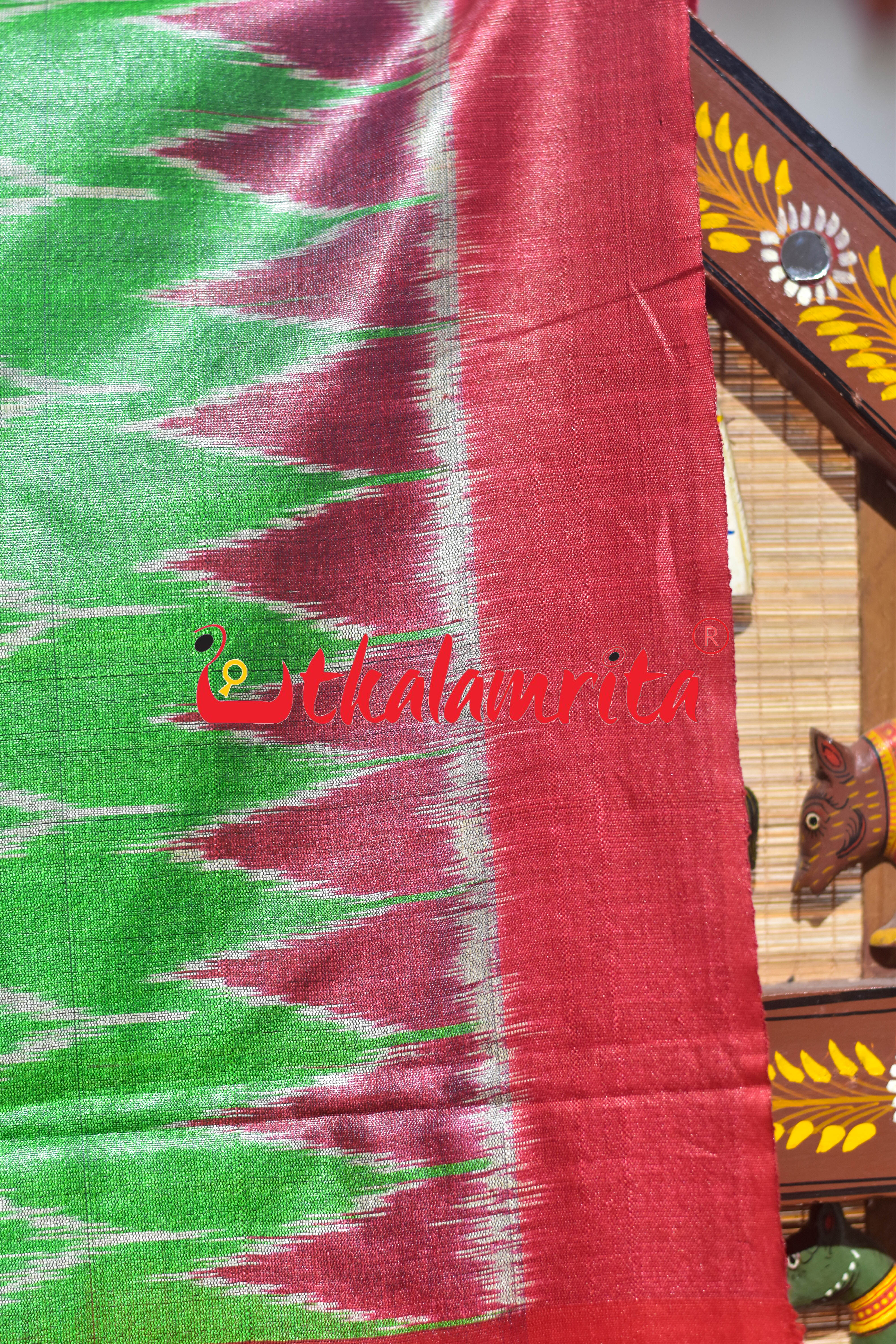 Light Green Body Ikat Red Kumbha Gopalpur Tussar Silk Saree
