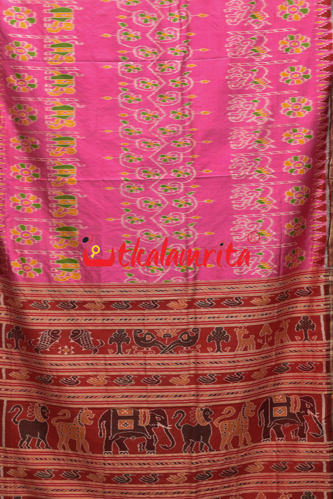 Pink Maroon Elephant Khandua Silk Saree