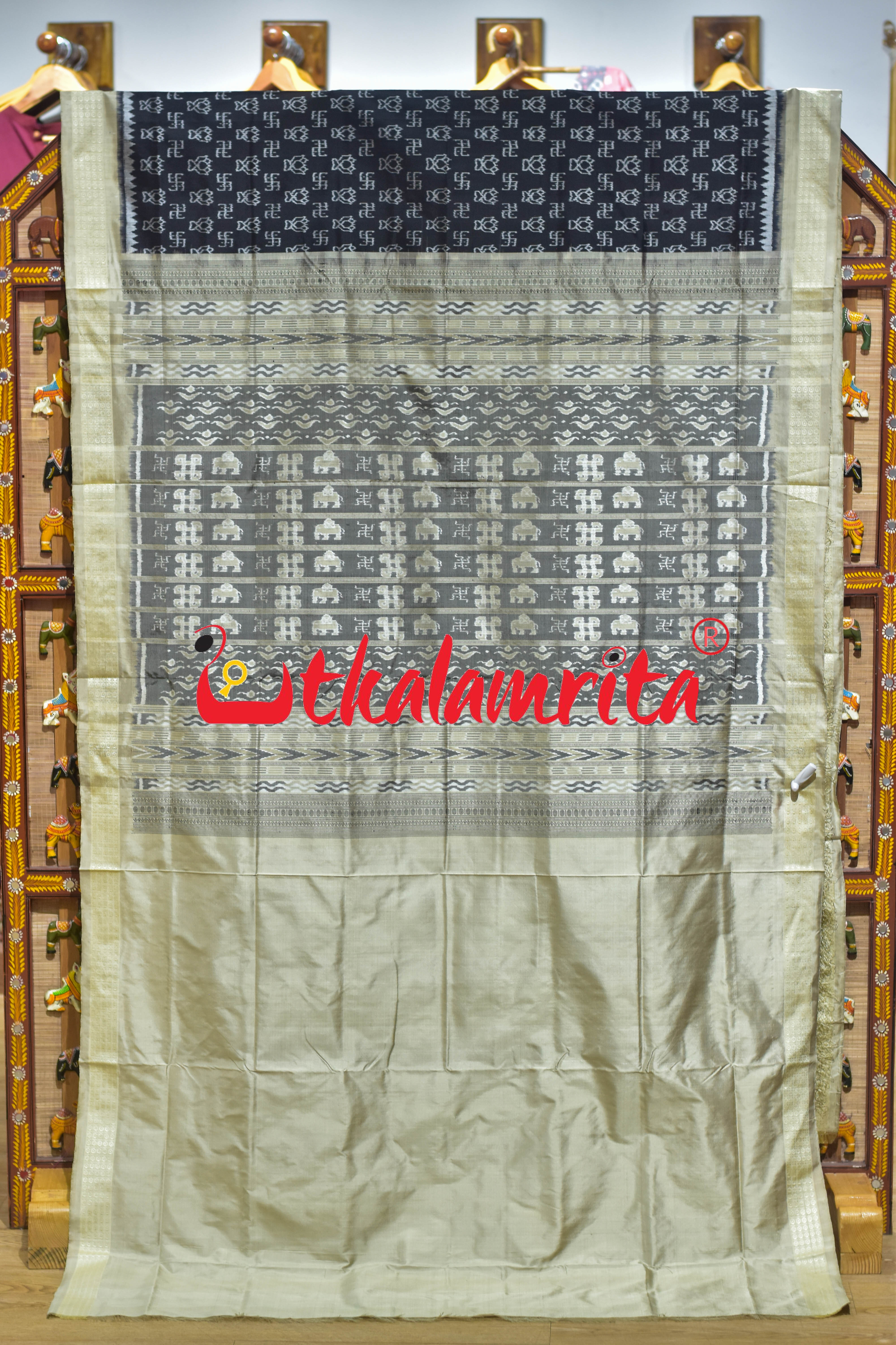 Black Cream Swastik Bandha Sambalpuri Silk Saree