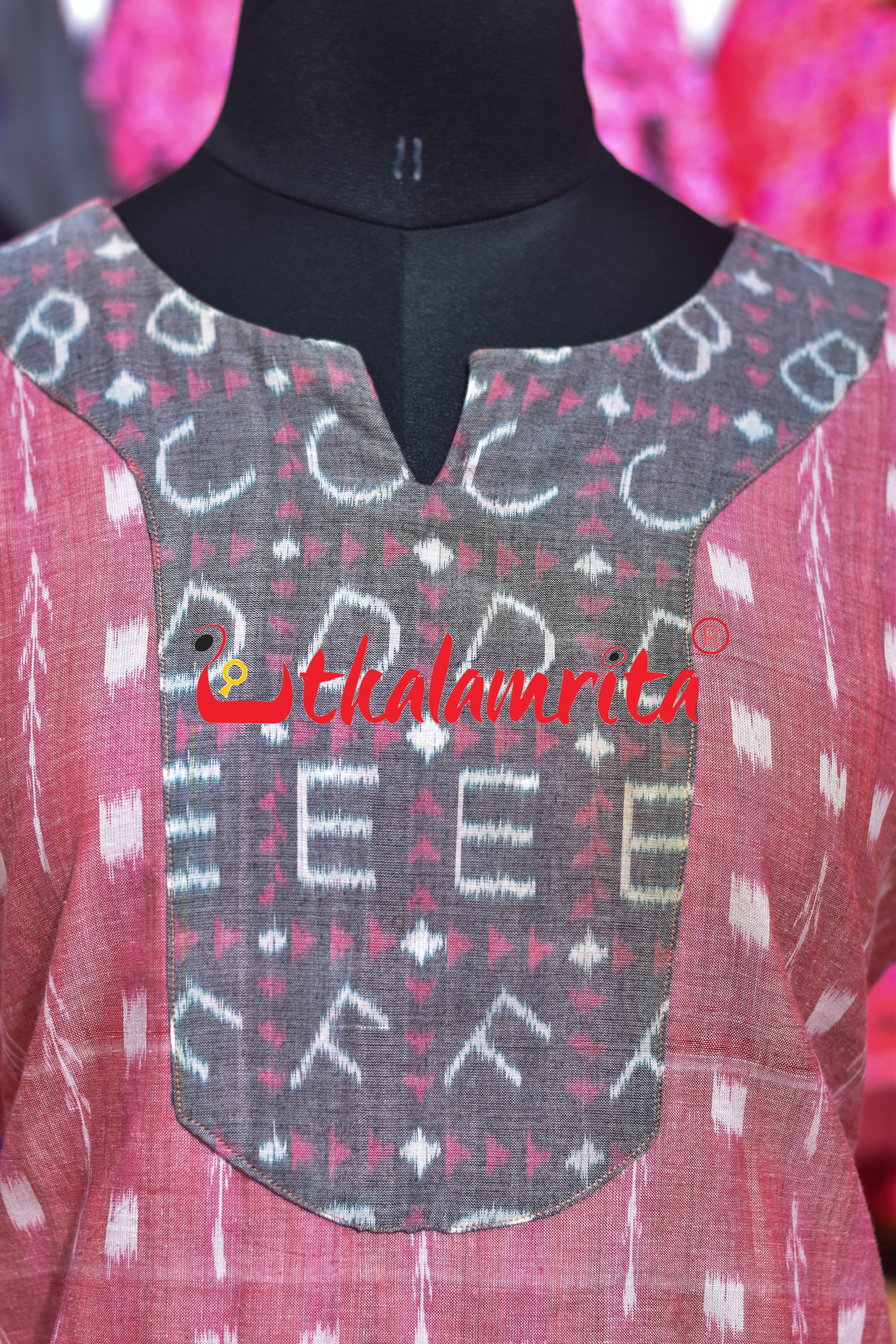 Peach Tipa Mala English Letters Sambalpuri (Ladies' Short Kurti)