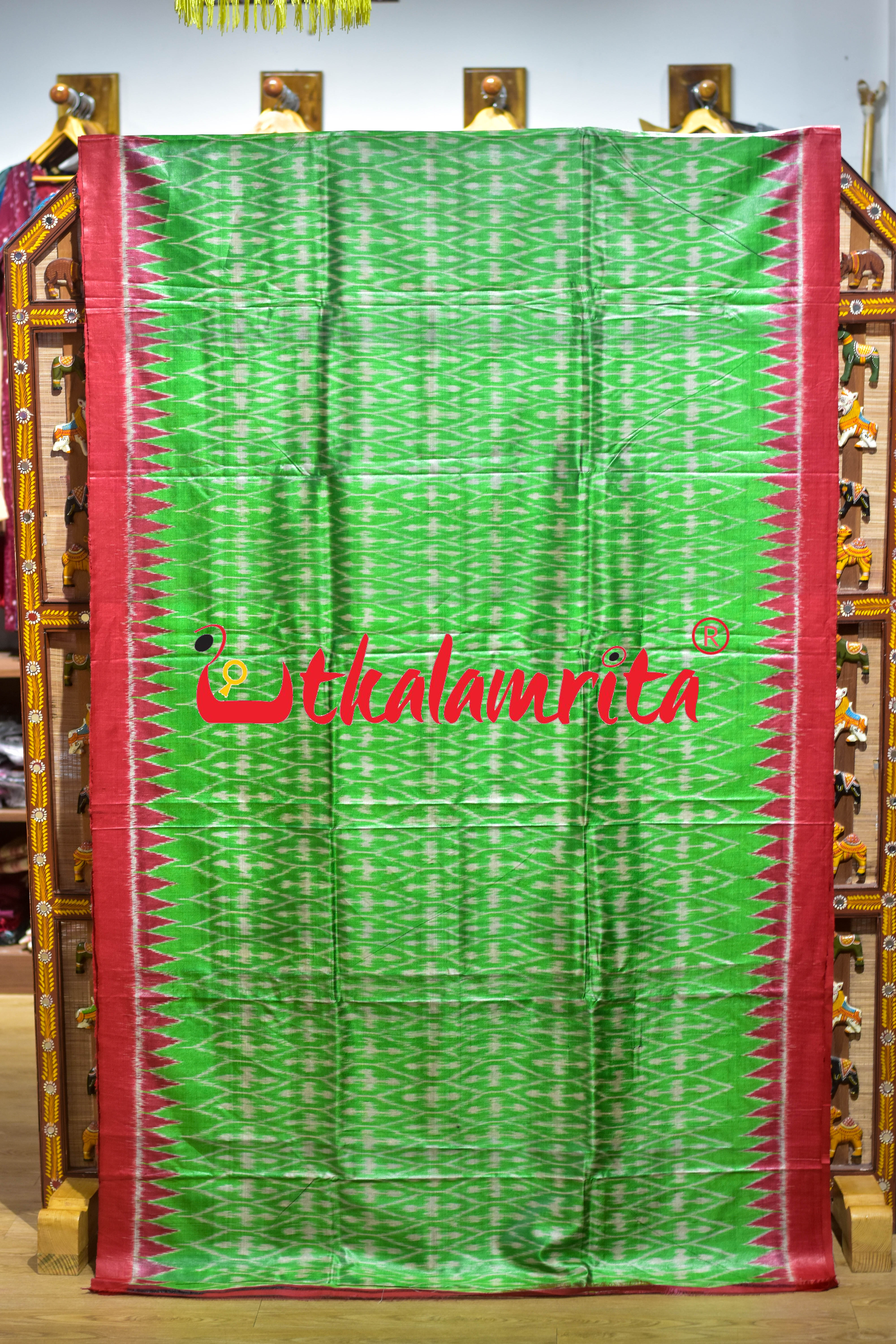 Light Green Body Ikat Red Kumbha Gopalpur Tussar Silk Saree